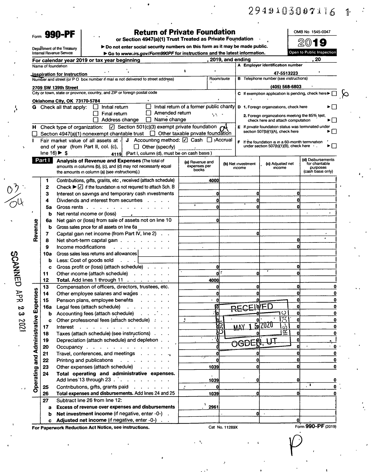 Image of first page of 2019 Form 990PF for Inspiration for Instruction