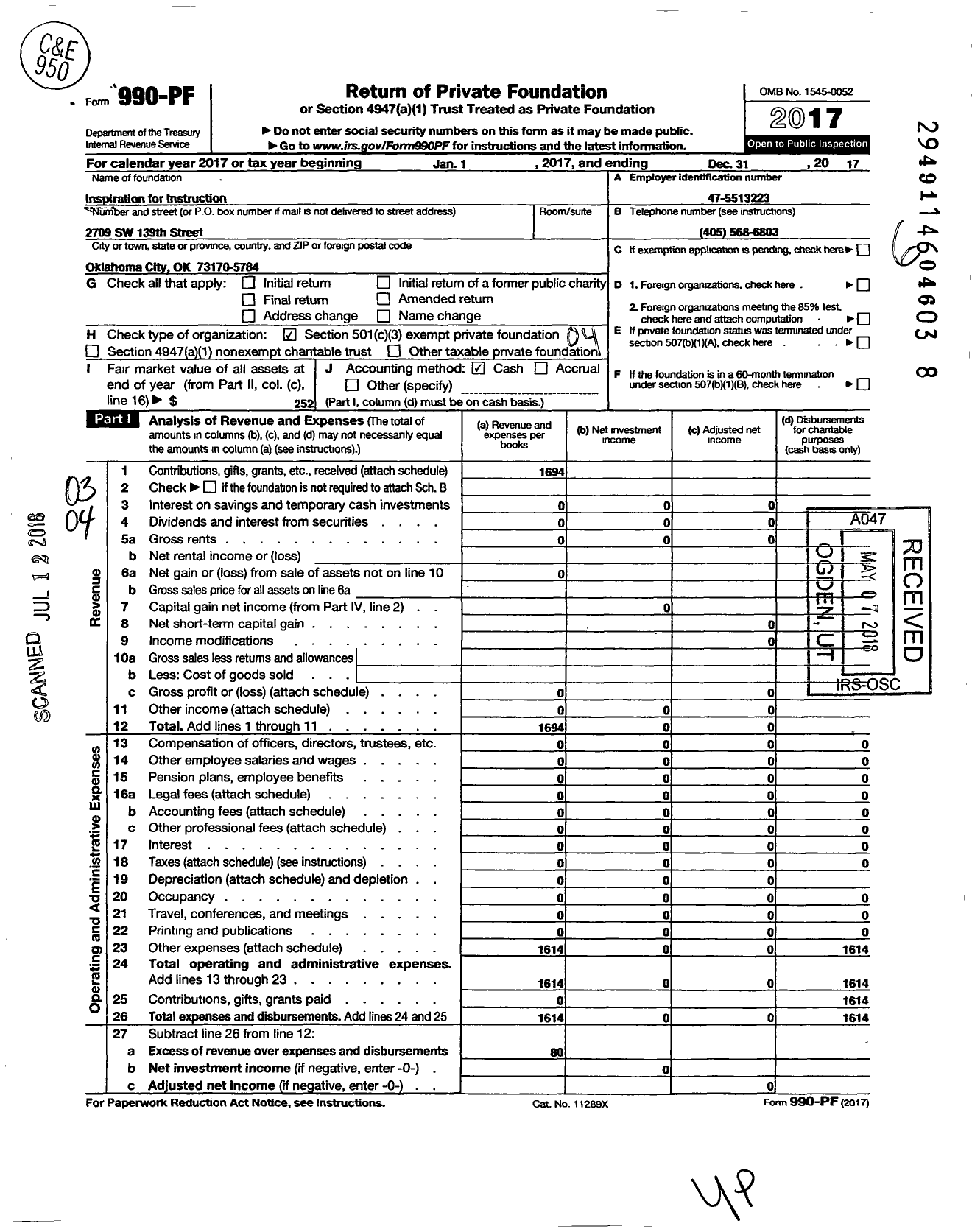 Image of first page of 2017 Form 990PF for Inspiration for Instruction