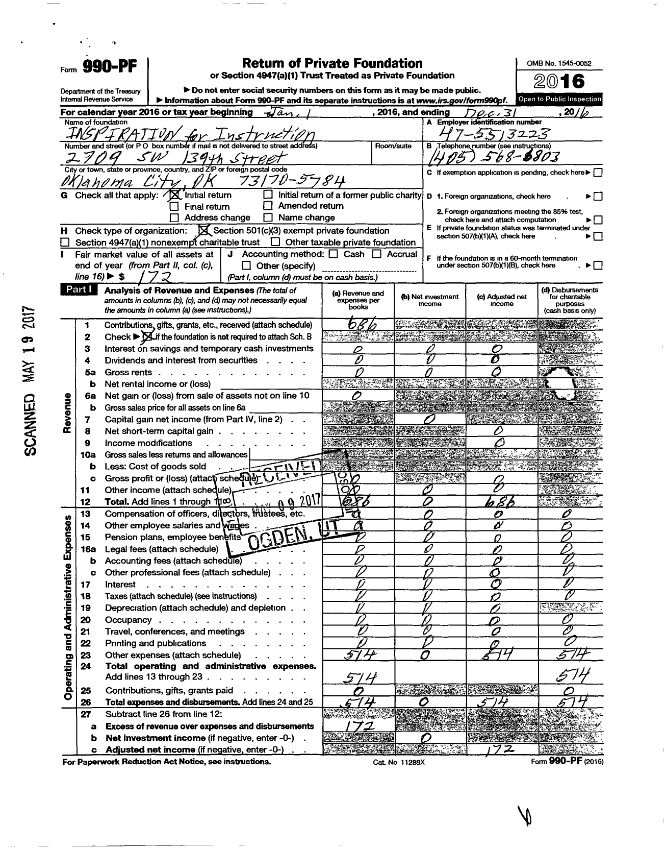 Image of first page of 2016 Form 990PF for Inspiration for Instruction