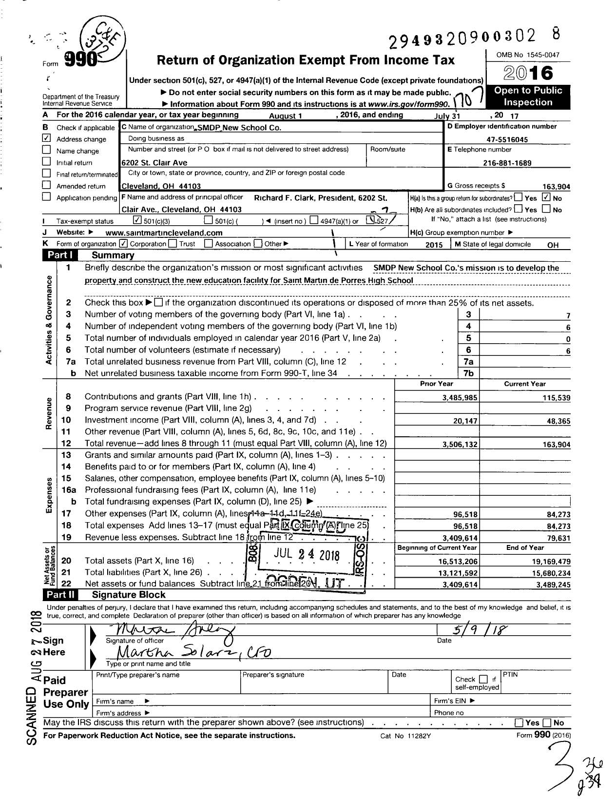 Image of first page of 2016 Form 990 for SMDP New School Co