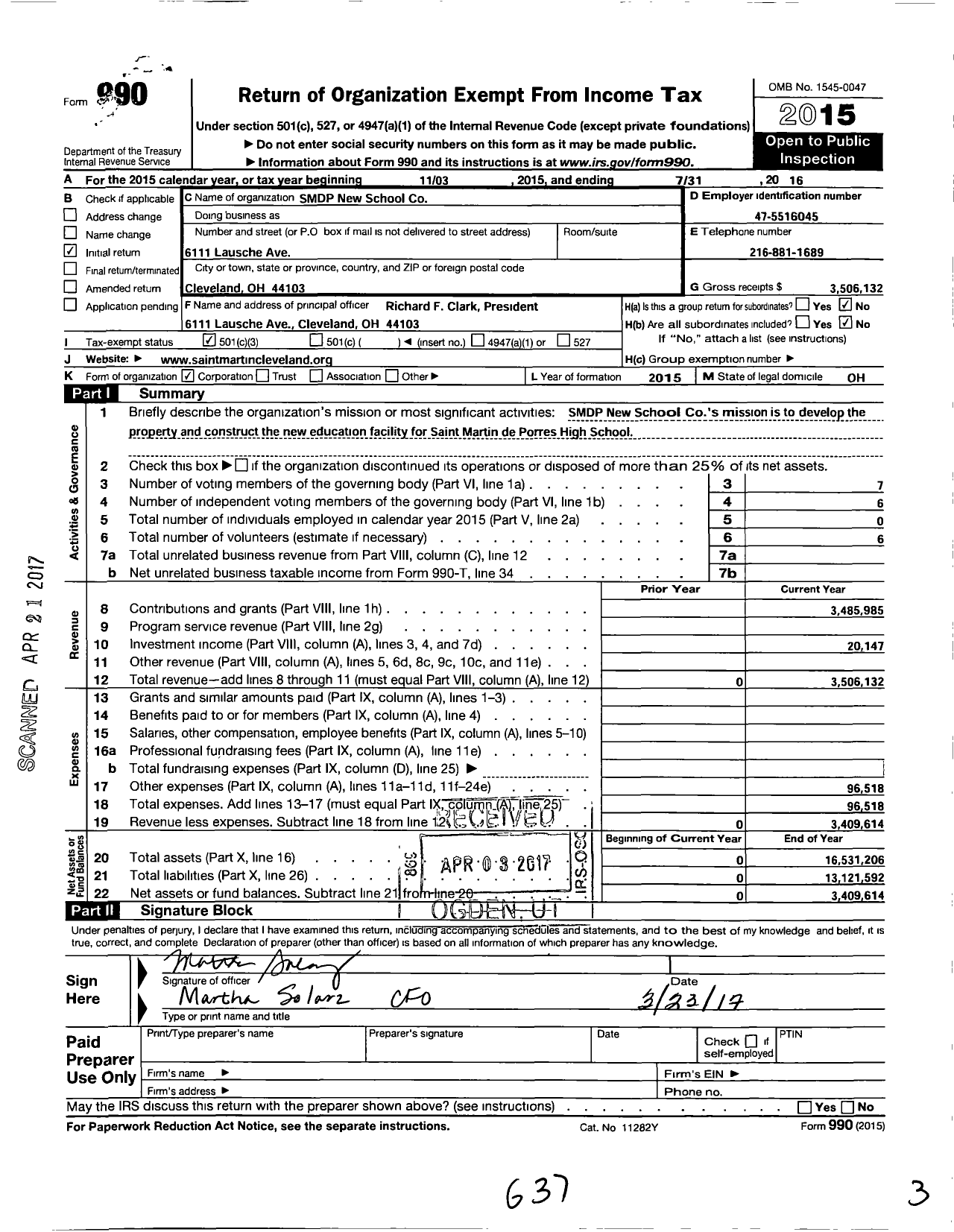 Image of first page of 2015 Form 990 for SMDP New School Co