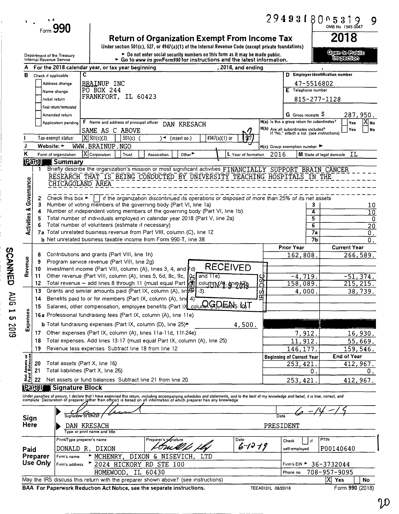 Image of first page of 2018 Form 990 for Brainup