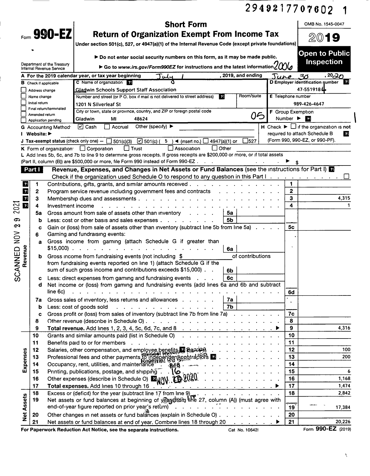 Image of first page of 2019 Form 990EO for Gladwin Schools Support Staff Association