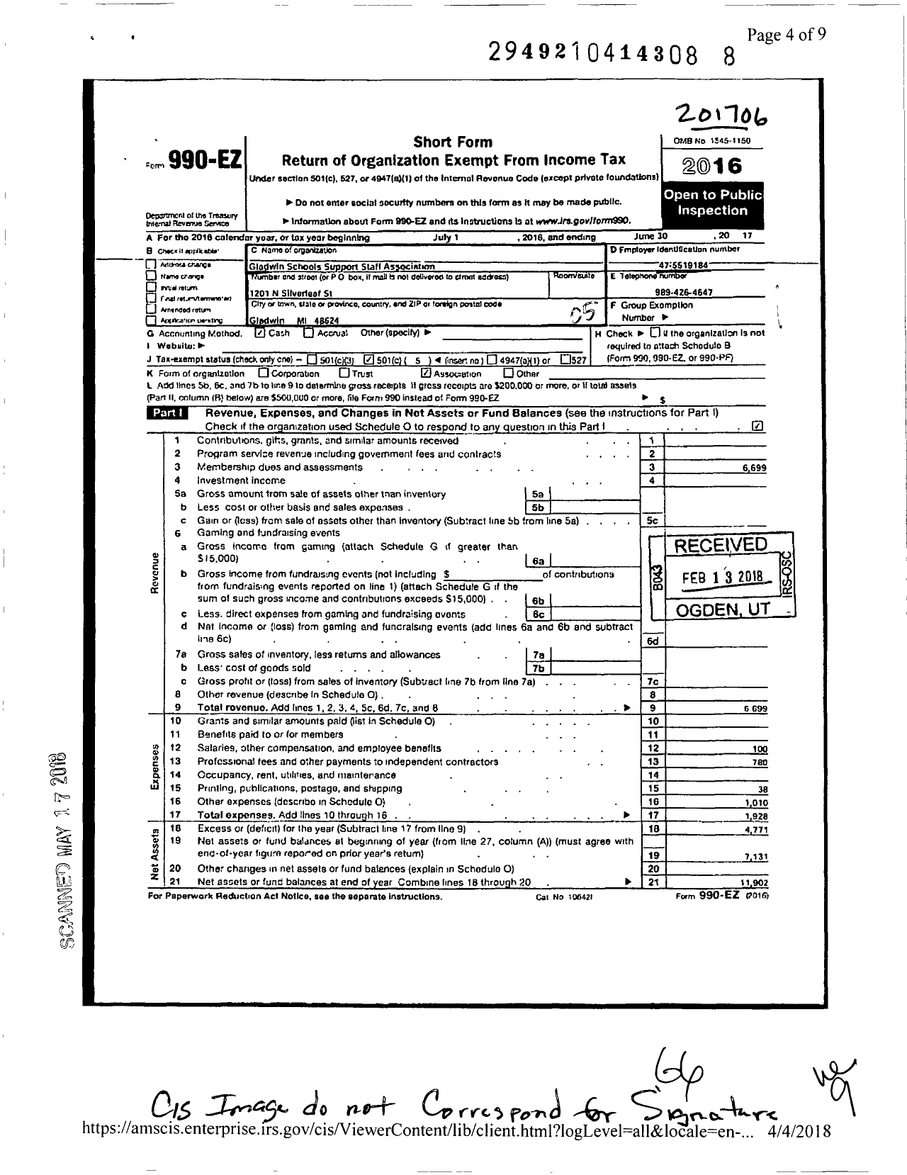 Image of first page of 2016 Form 990EO for Gladwin Schools Support Staff Association