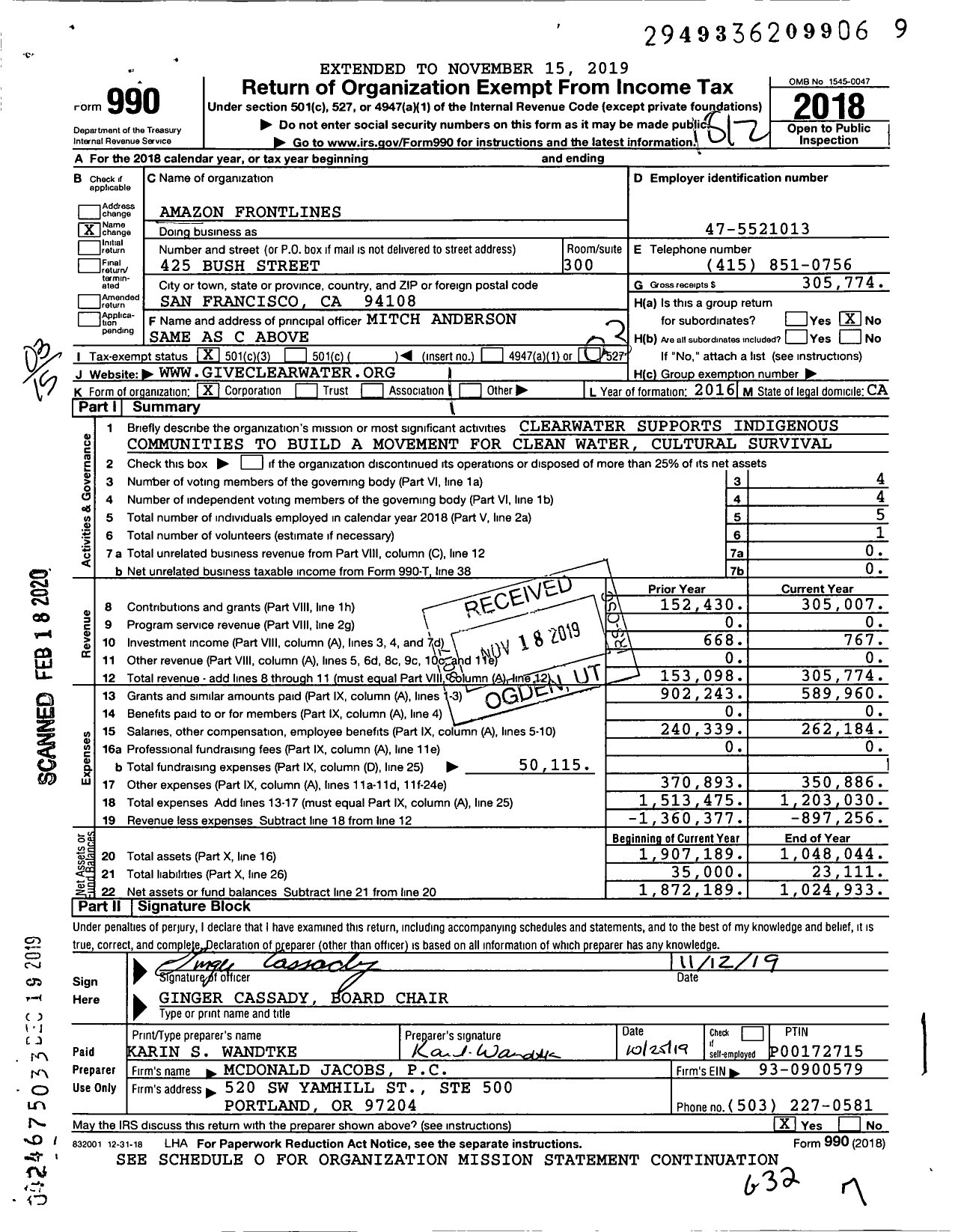 Image of first page of 2018 Form 990 for Amazon Frontlines
