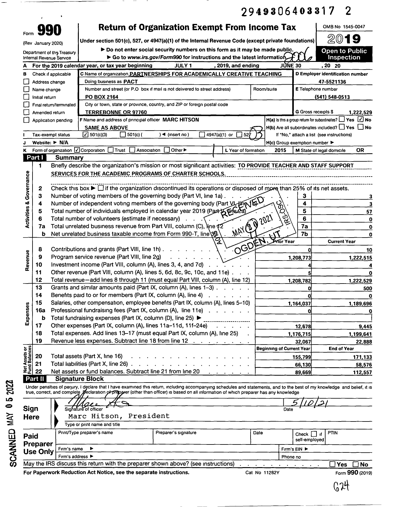 Image of first page of 2019 Form 990 for Partnerships for Academically Creative Teaching (PACT)