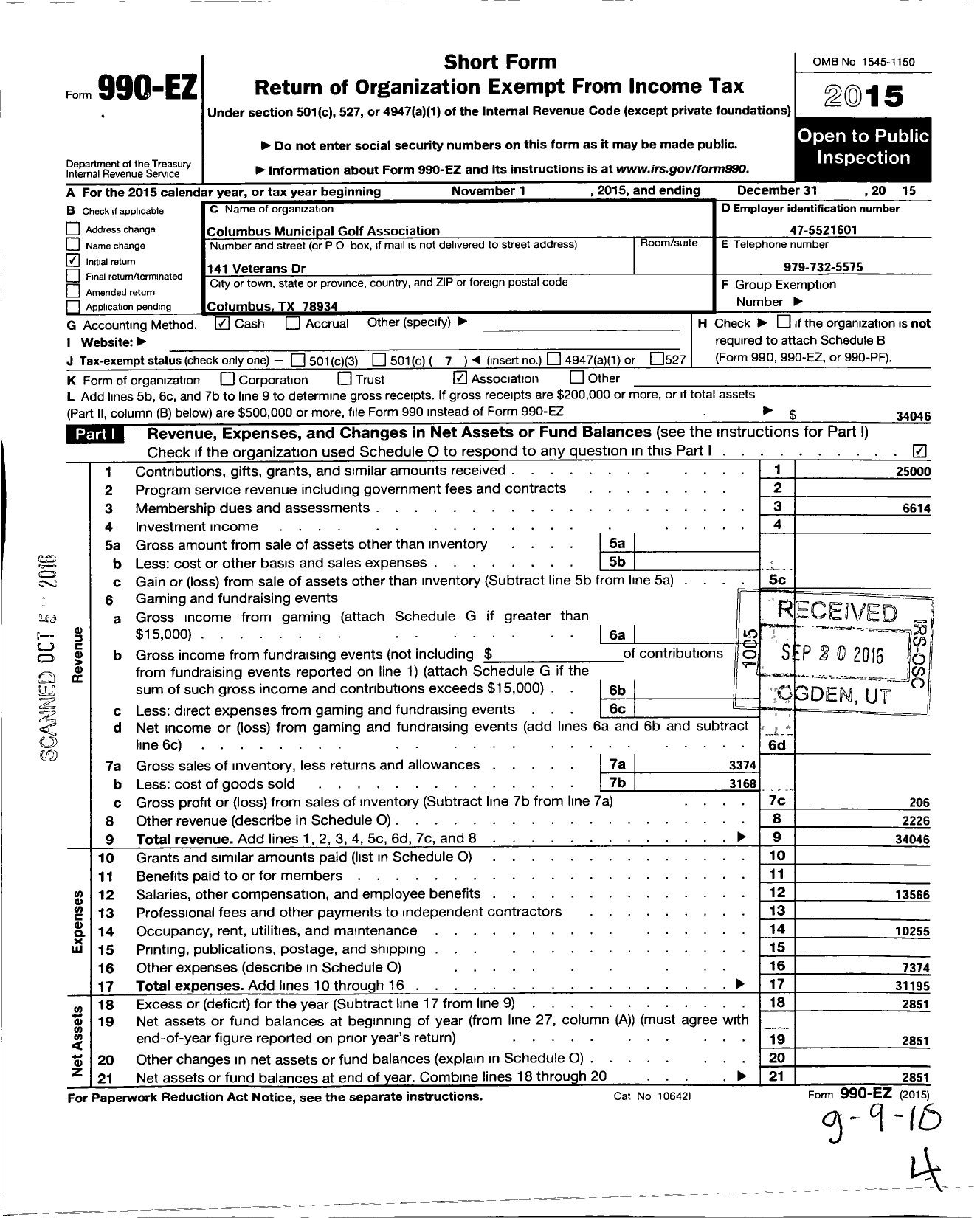 Image of first page of 2015 Form 990EO for Columbus Municipal Golf Association