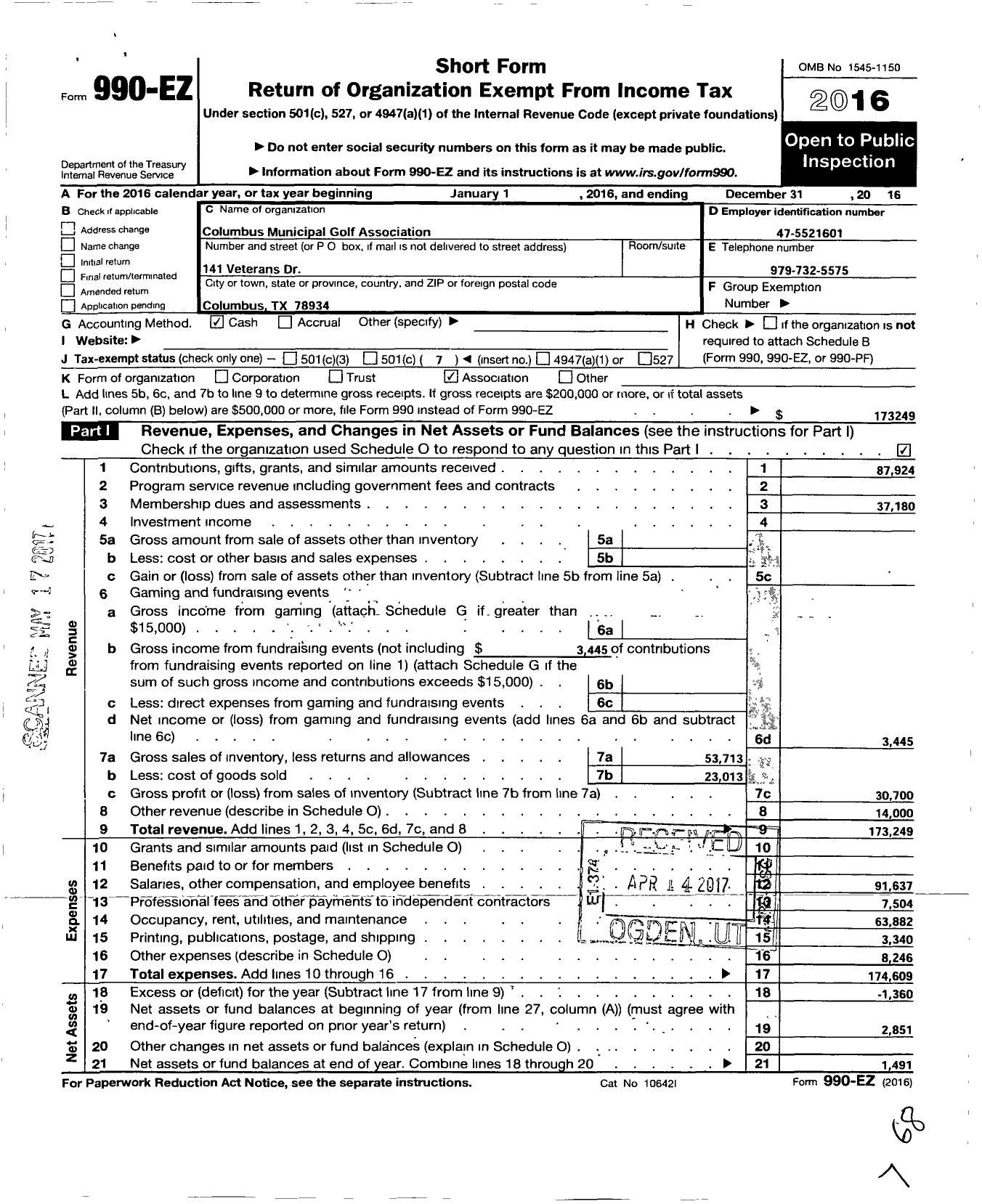 Image of first page of 2016 Form 990EO for Columbus Municipal Golf Association