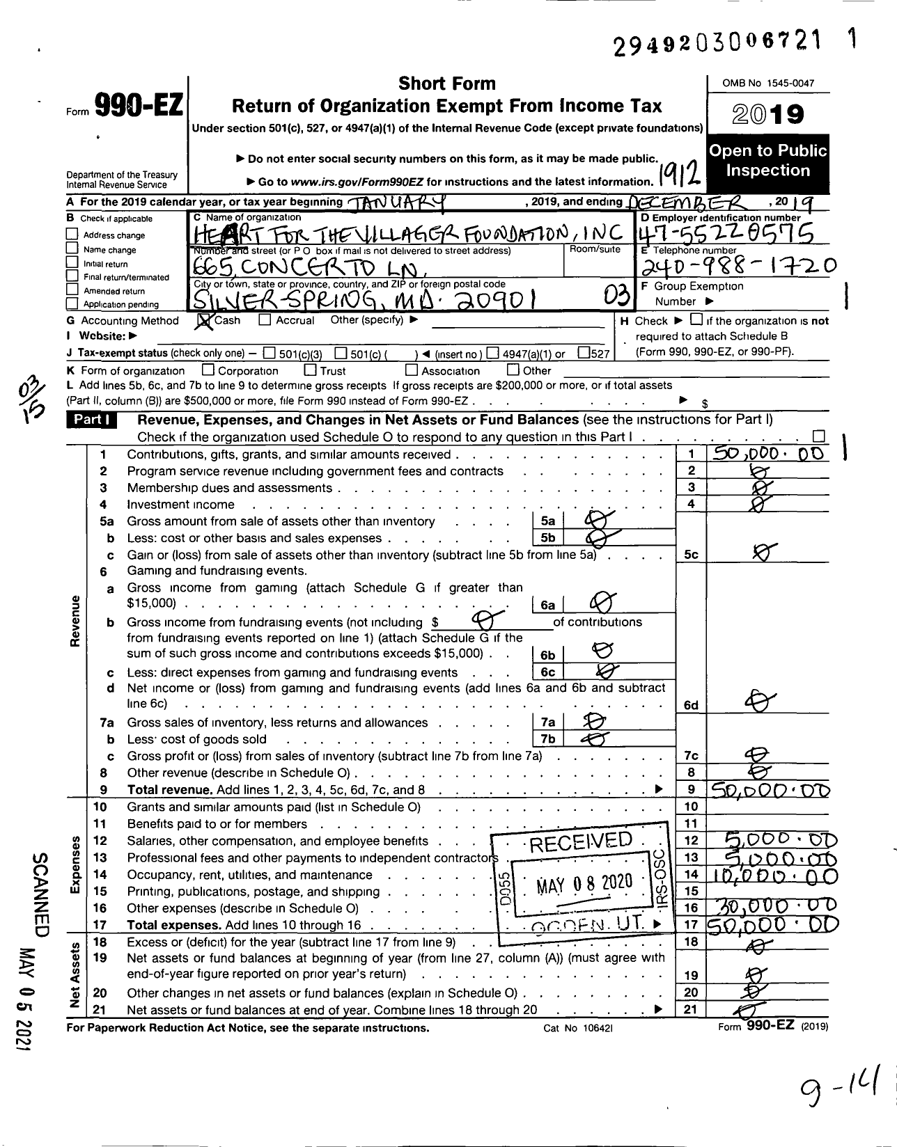 Image of first page of 2019 Form 990EZ for Heart for the Villagers Foundation