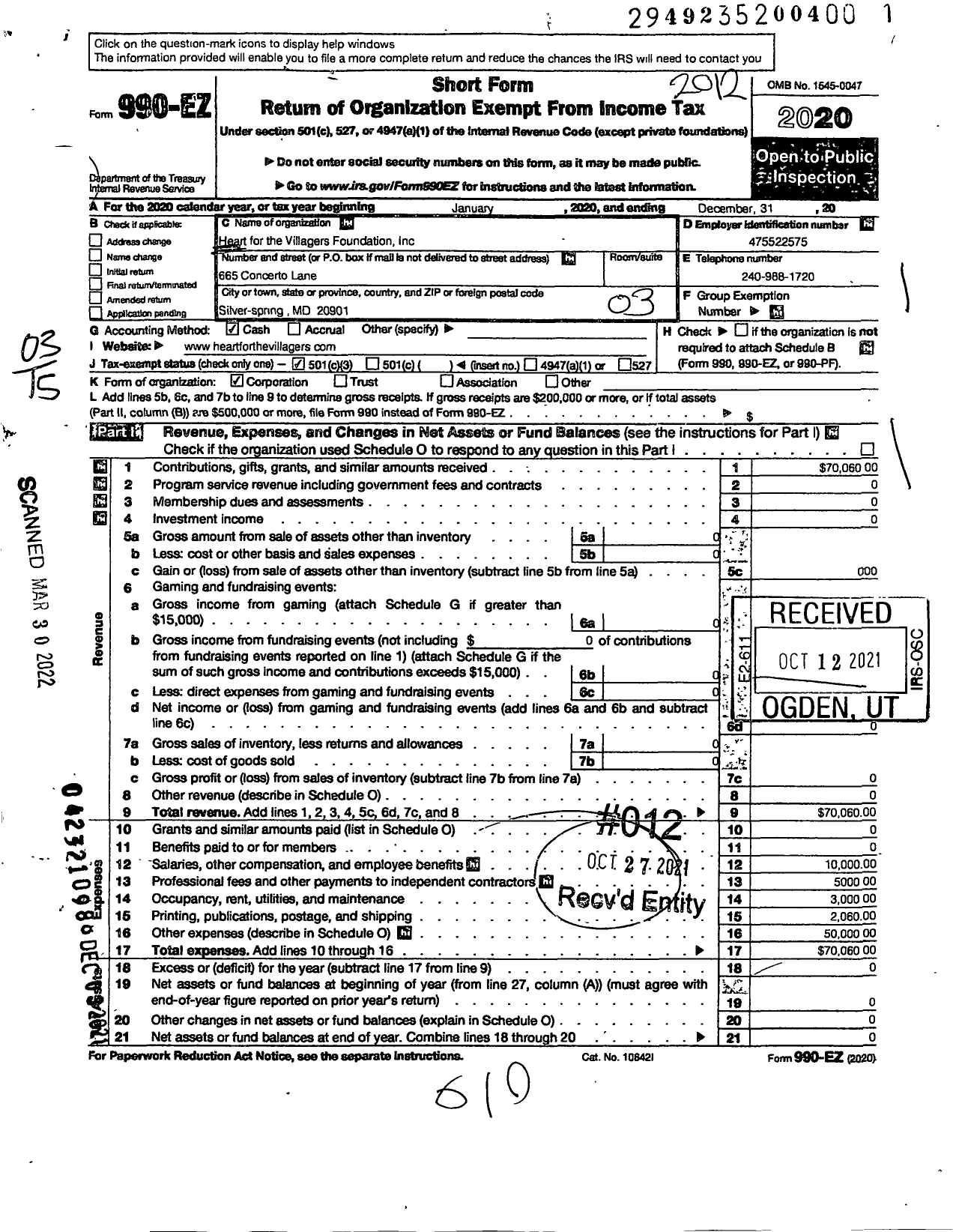 Image of first page of 2020 Form 990EZ for Heart for the Villagers Foundation