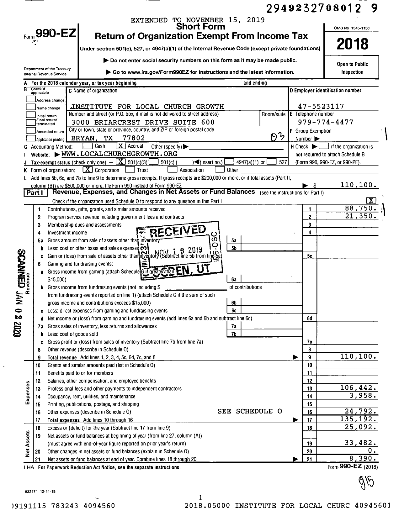 Image of first page of 2018 Form 990EZ for Institute for Local Church Growth