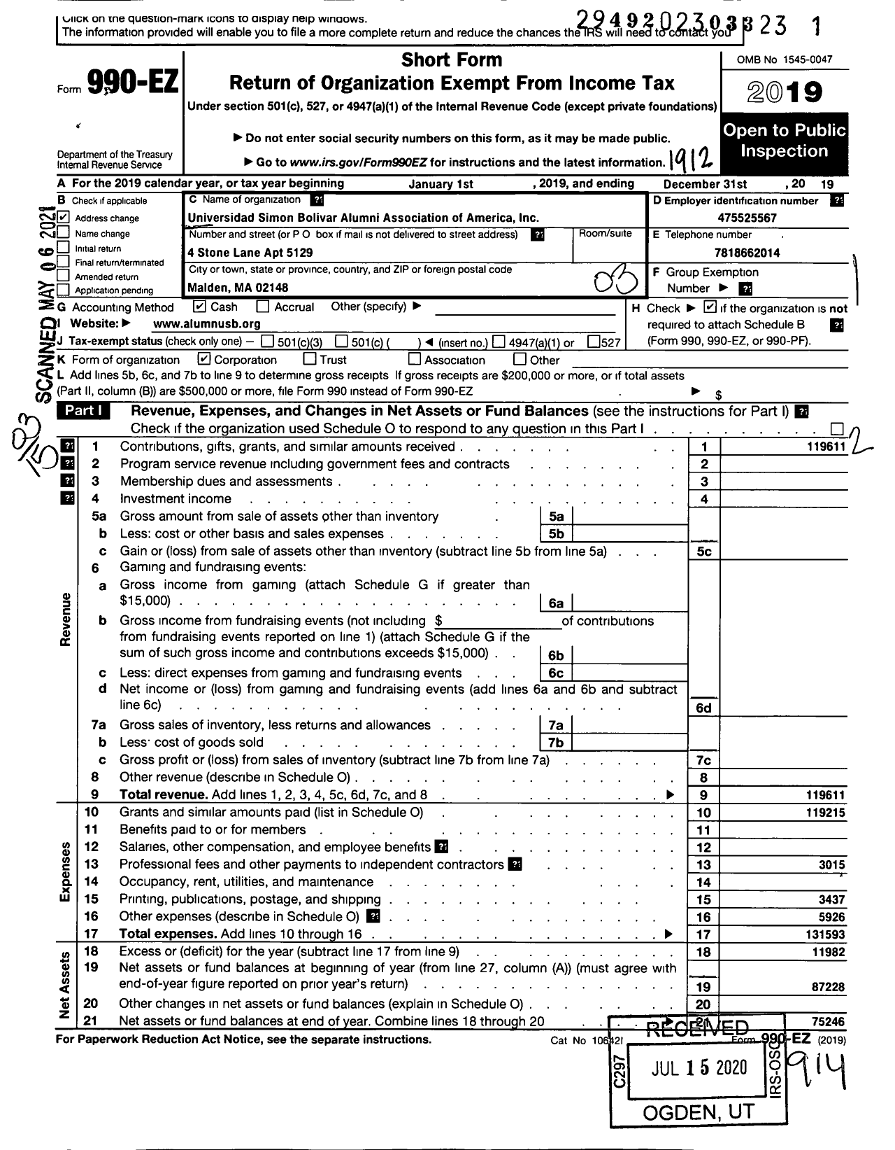 Image of first page of 2019 Form 990EZ for AlumnUSB