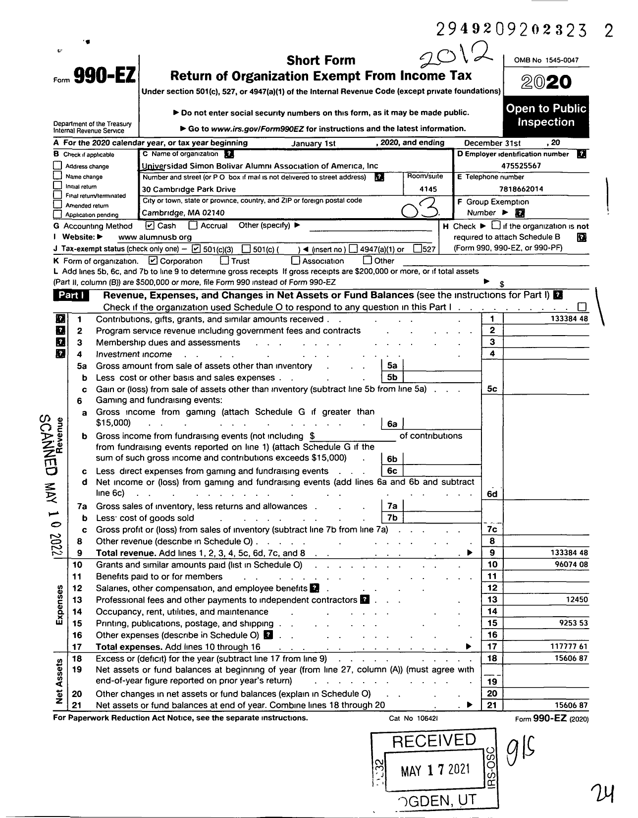 Image of first page of 2020 Form 990EZ for AlumnUSB