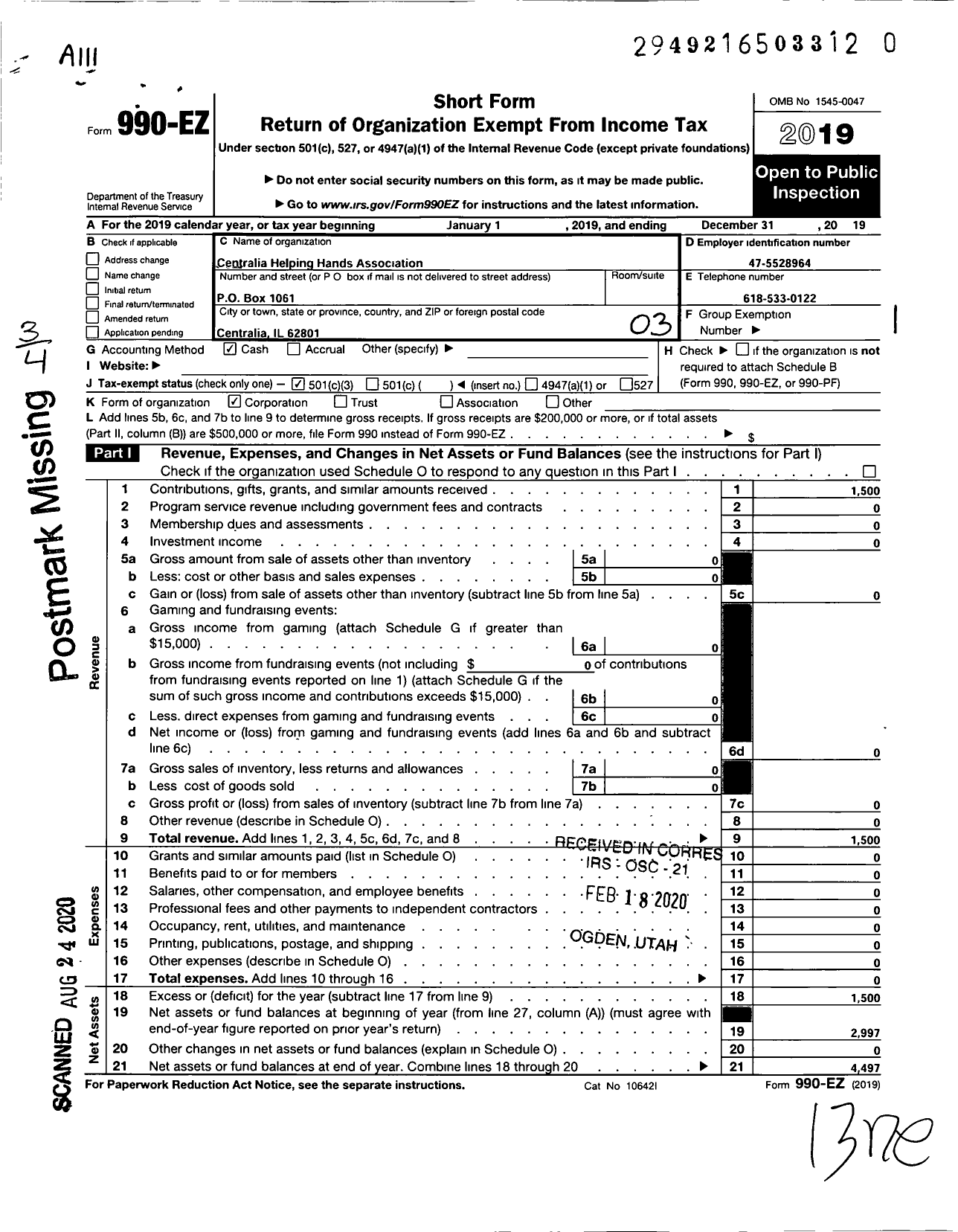 Image of first page of 2019 Form 990EZ for Centralia Helping Hands Association