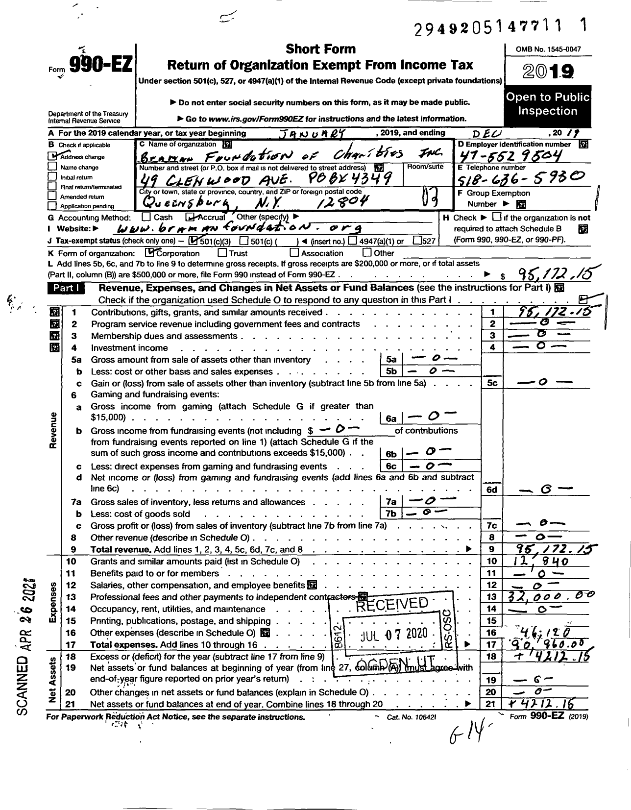 Image of first page of 2019 Form 990EZ for Braman Foundation of Charities
