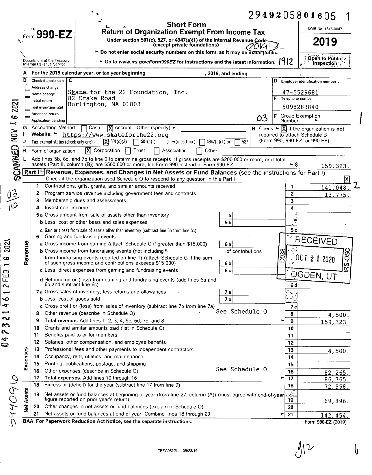 Image of first page of 2019 Form 990EZ for Skate for the 22 Foundation