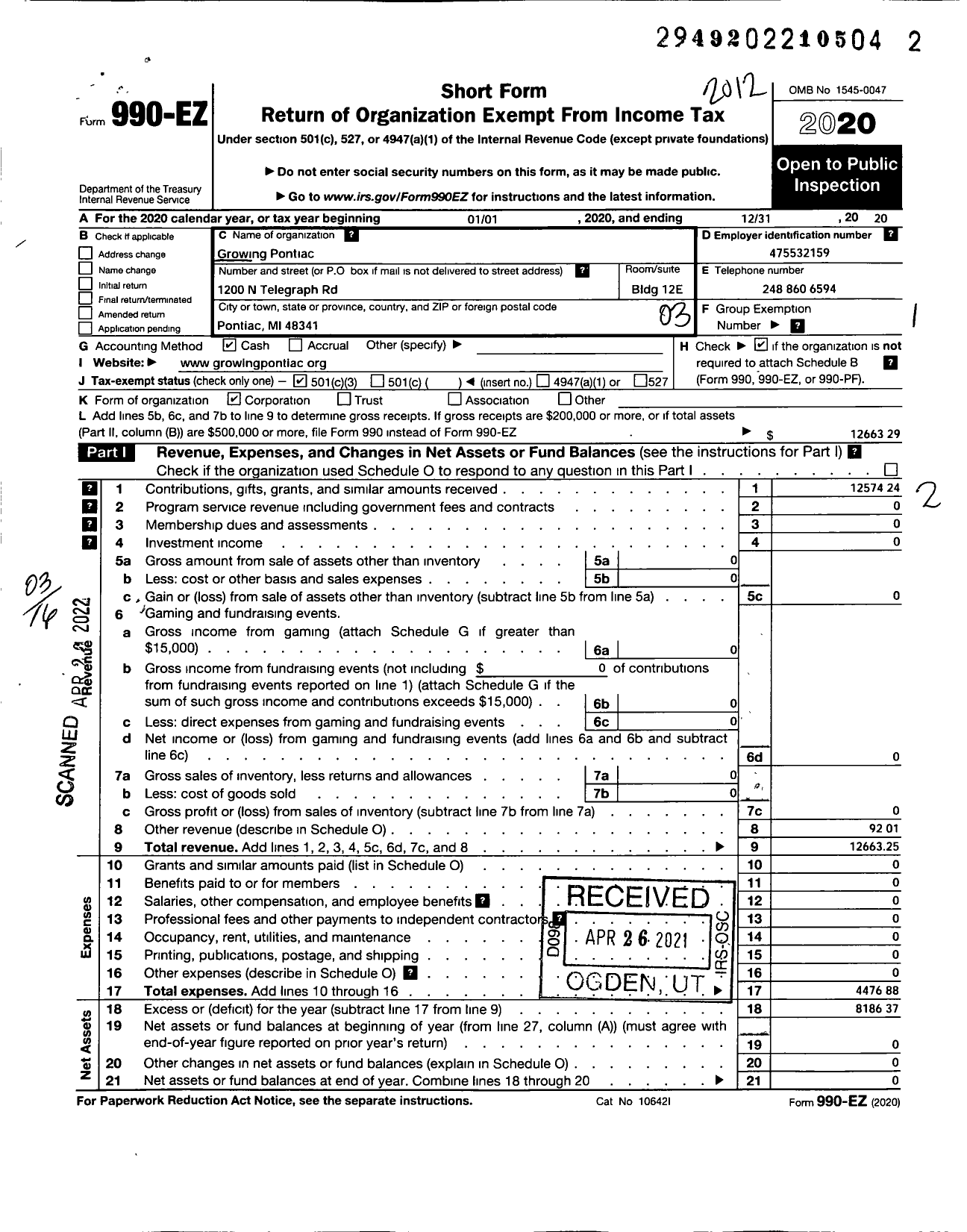 Image of first page of 2020 Form 990EZ for Growing Pontiac