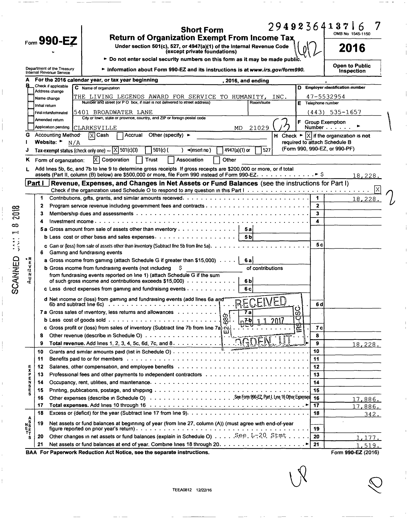 Image of first page of 2016 Form 990EZ for The Living Legends Award for Service To Humanity