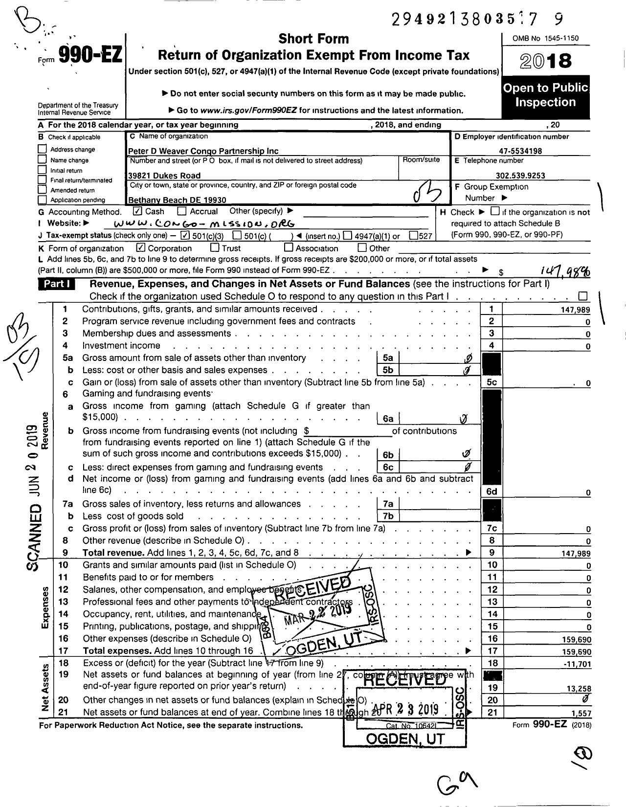 Image of first page of 2018 Form 990EZ for Peter D Weaver Ongo Partnership