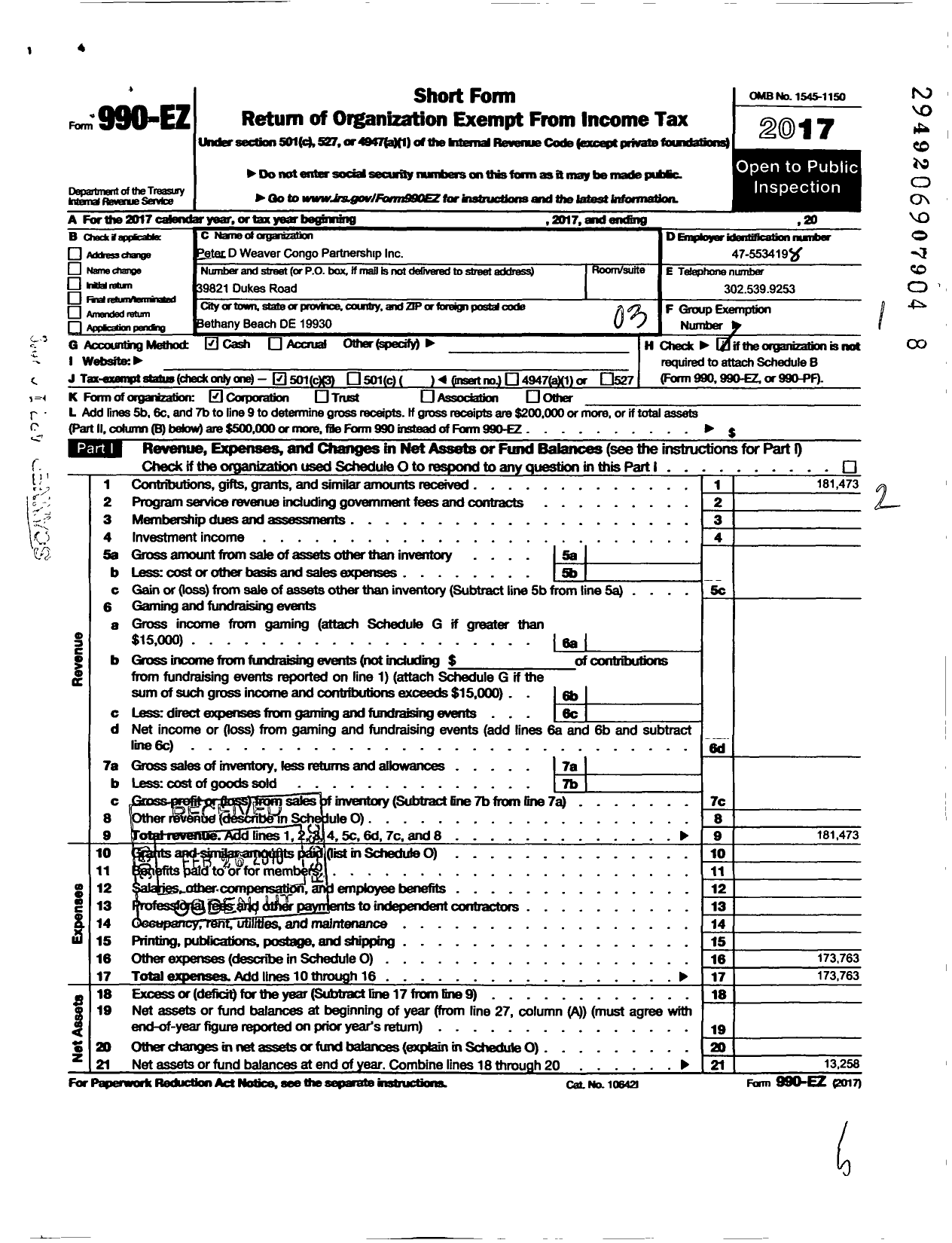 Image of first page of 2017 Form 990EZ for Peter D Weaver Ongo Partnership