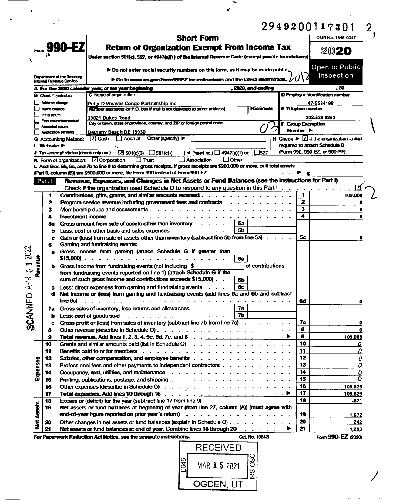 Image of first page of 2020 Form 990EZ for Peter D Weaver Ongo Partnership