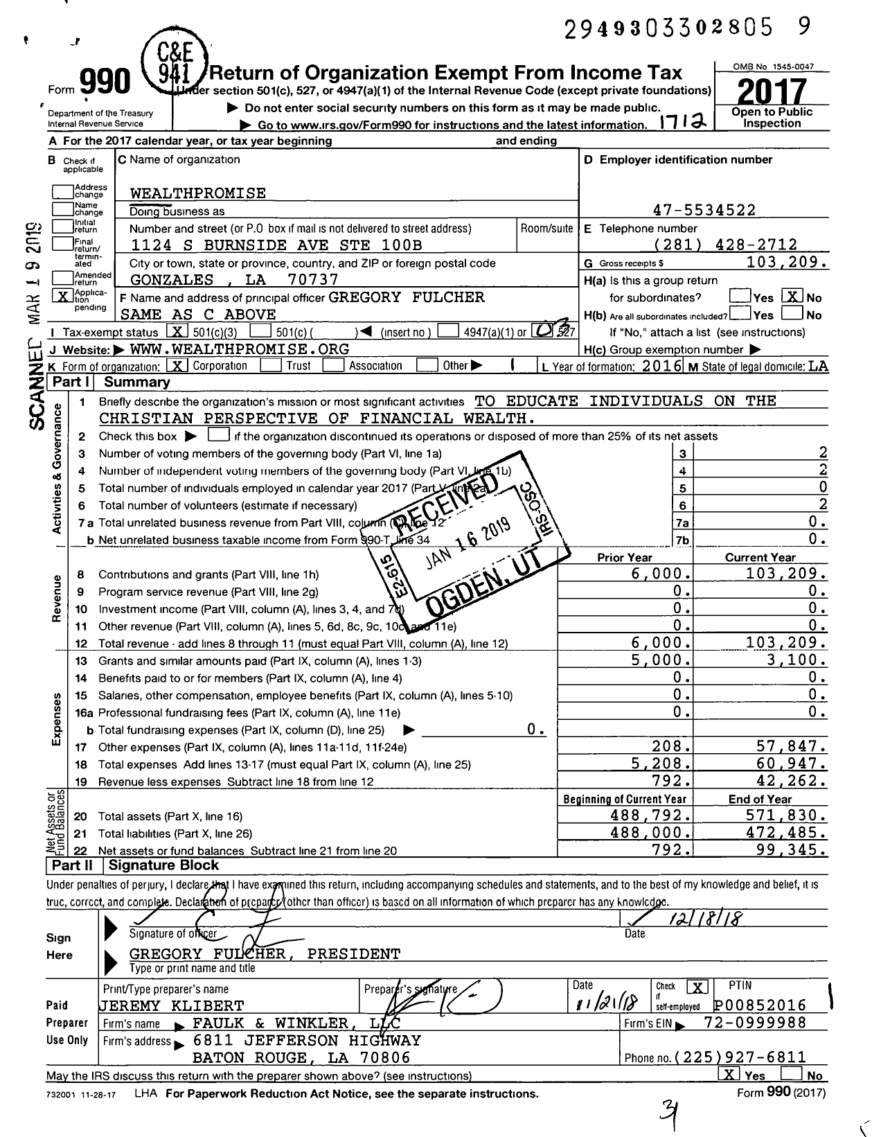 Image of first page of 2017 Form 990 for WealthPromise