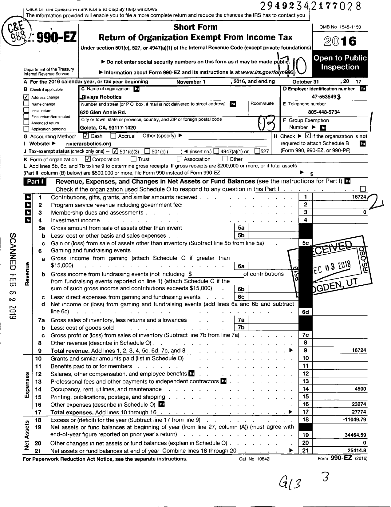 Image of first page of 2016 Form 990EZ for Riviera Robotics