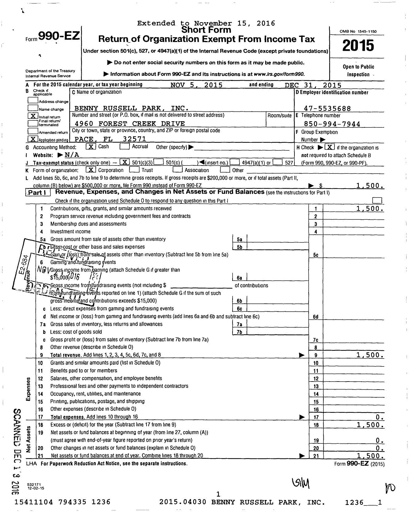 Image of first page of 2015 Form 990EZ for Benny Russell Park