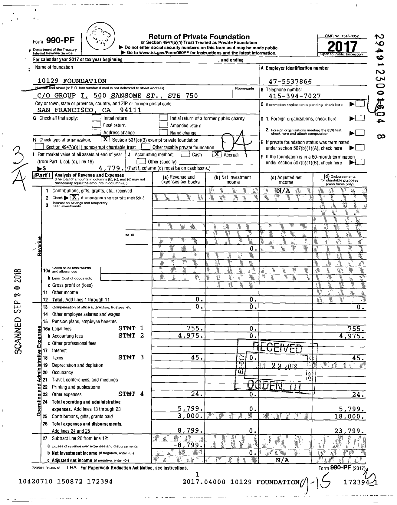 Image of first page of 2017 Form 990PF for 10129 Foundation