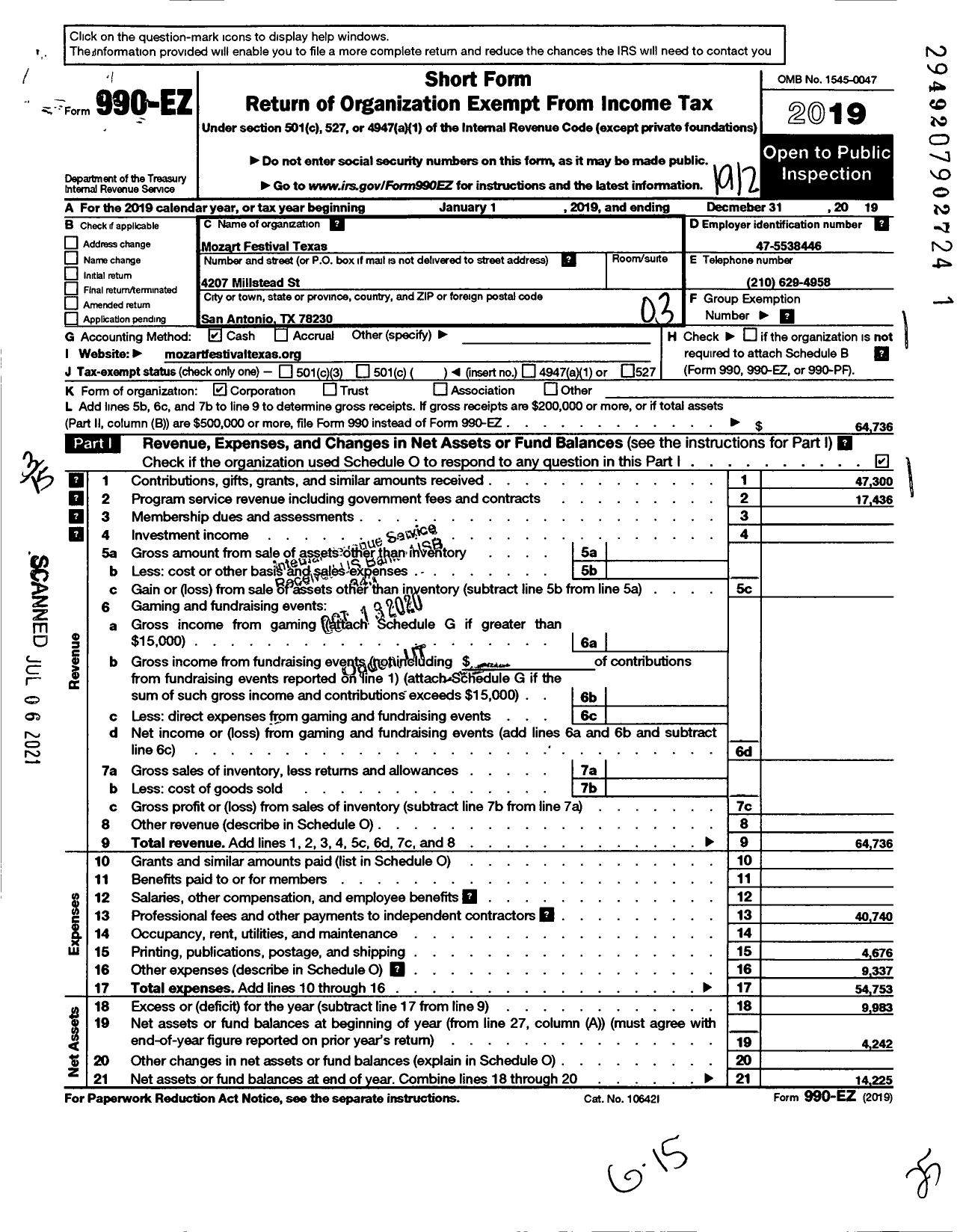 Image of first page of 2019 Form 990EZ for Mozart Festival Texas