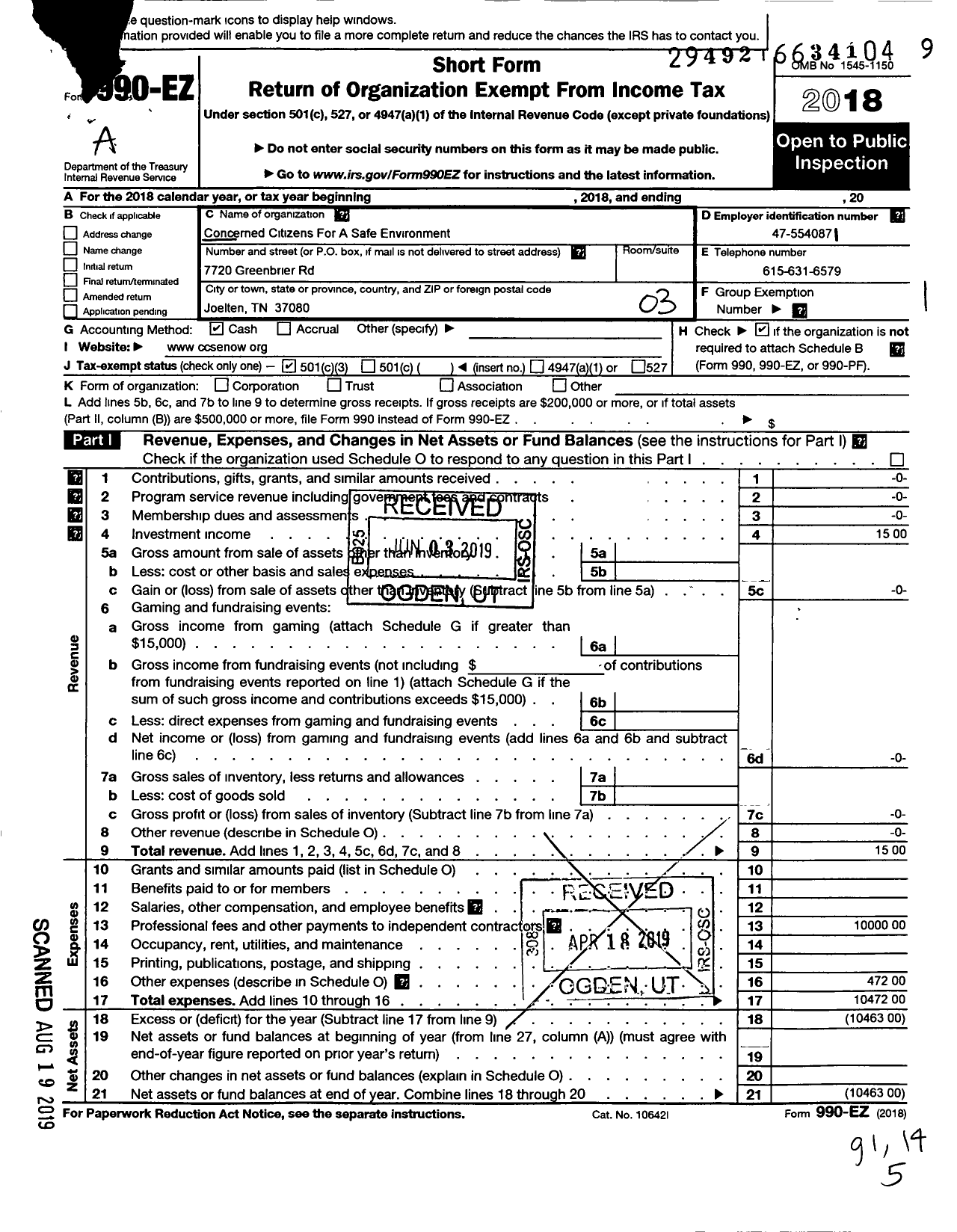 Image of first page of 2018 Form 990EZ for Concerned Citizens for A Safe Environment