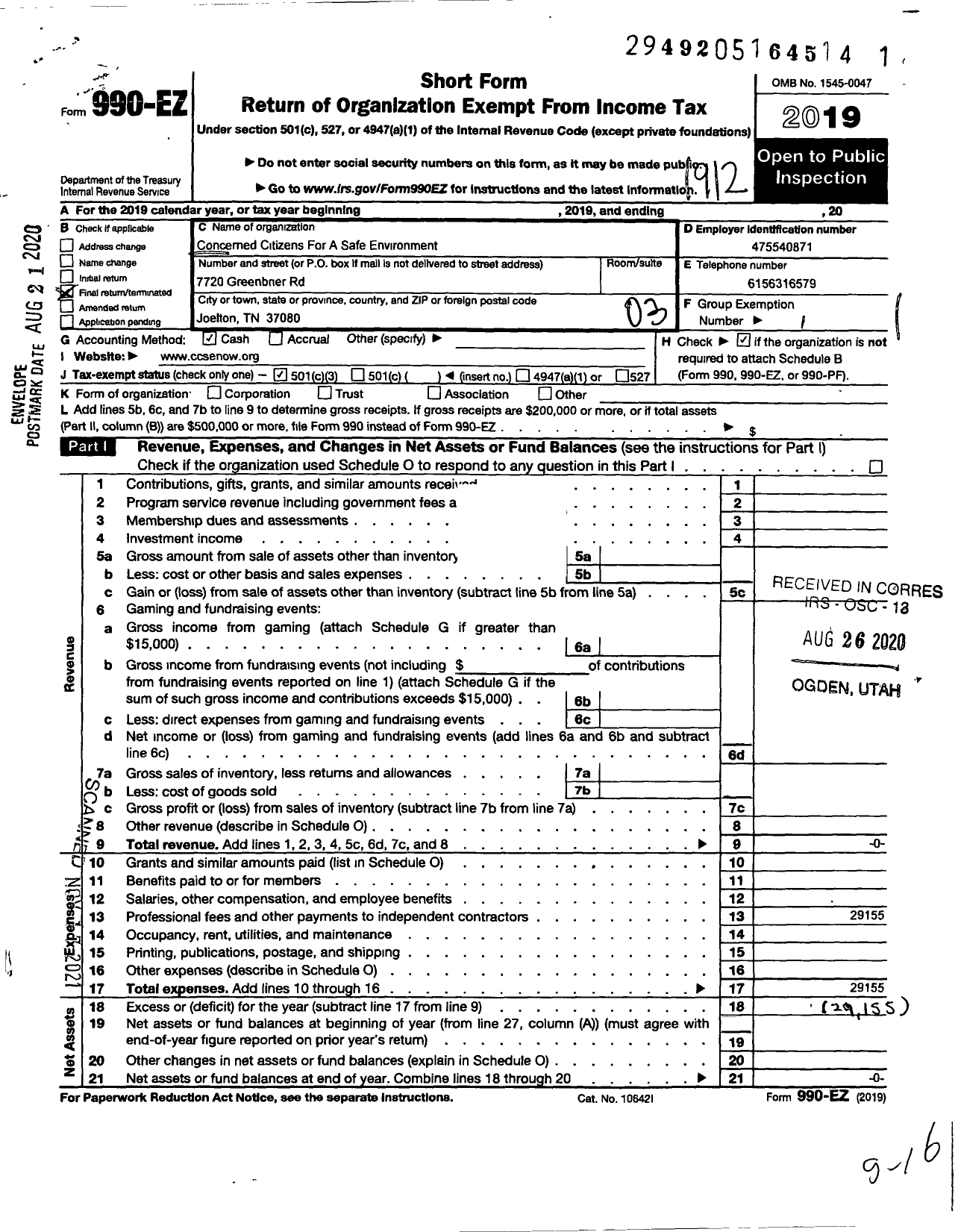 Image of first page of 2019 Form 990EZ for Concerned Citizens for A Safe Environment