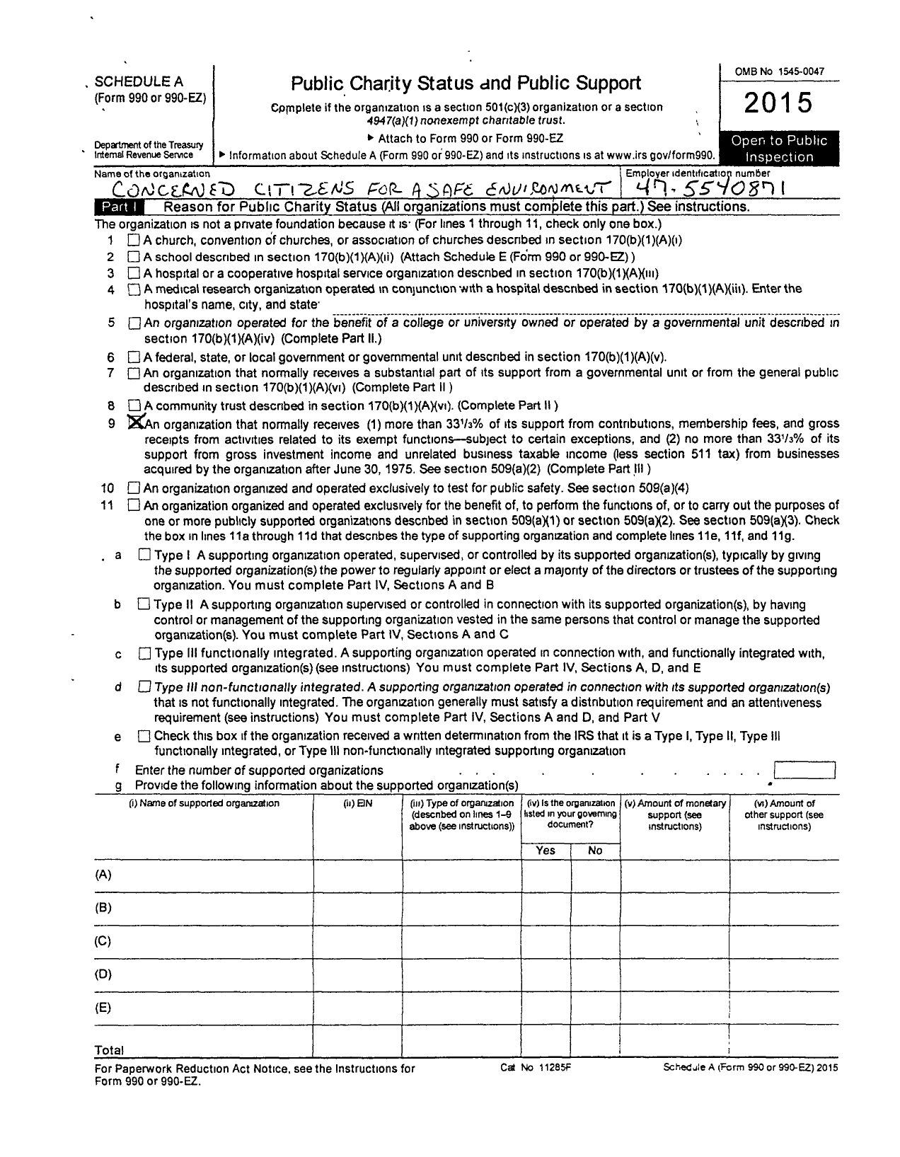 Image of first page of 2015 Form 990ER for Concerned Citizens for A Safe Environment