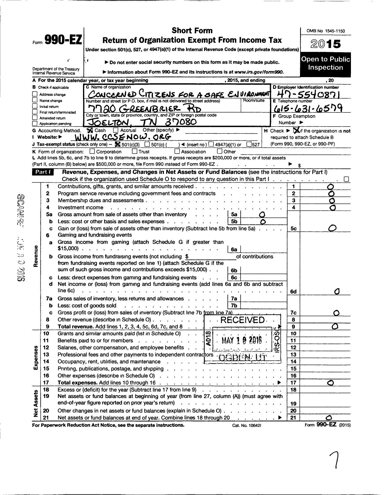 Image of first page of 2015 Form 990EZ for Concerned Citizens for A Safe Environment