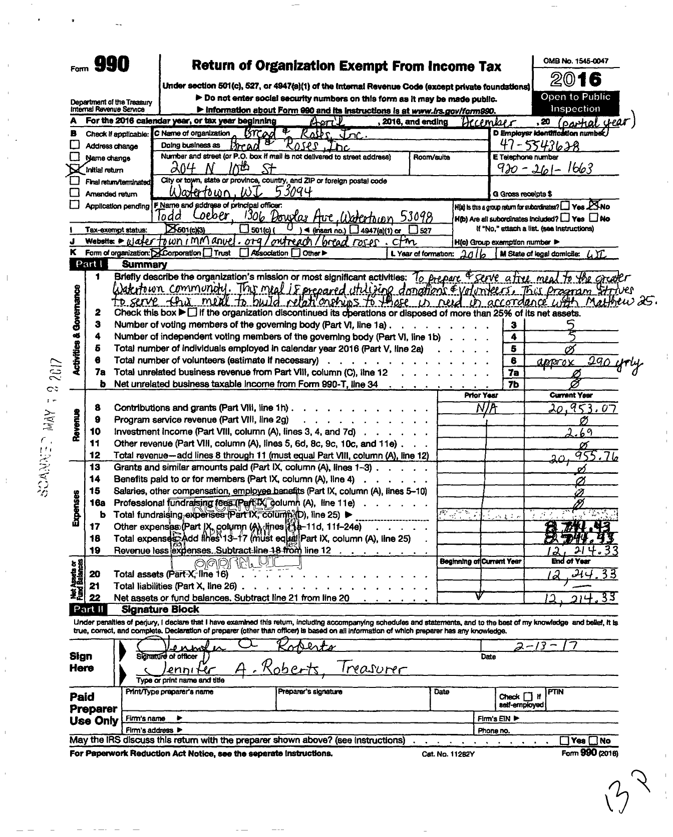 Image of first page of 2016 Form 990 for Bread and Roses