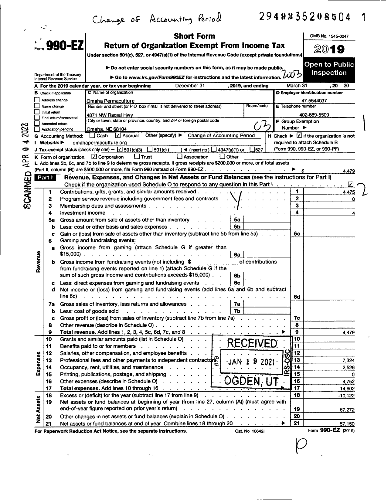 Image of first page of 2019 Form 990EZ for Omaha Permaculture