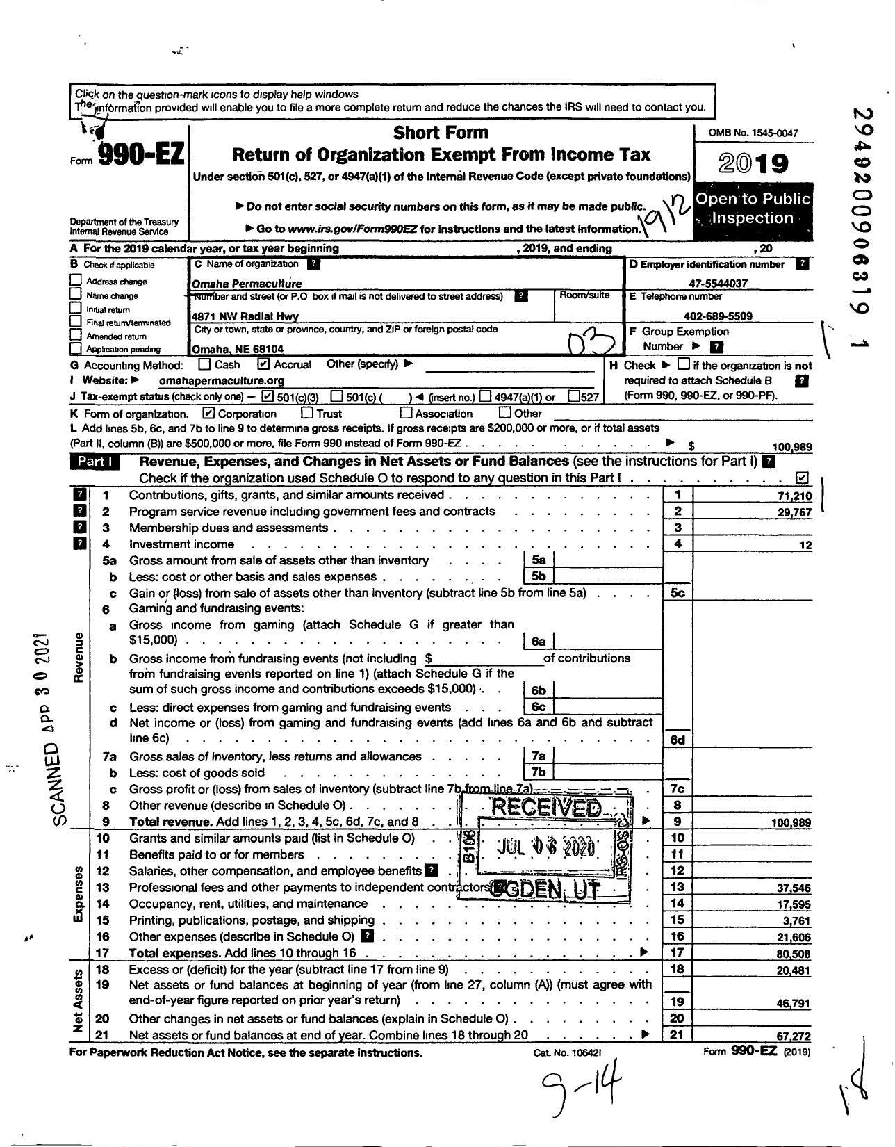 Image of first page of 2019 Form 990EZ for Omaha Permaculture