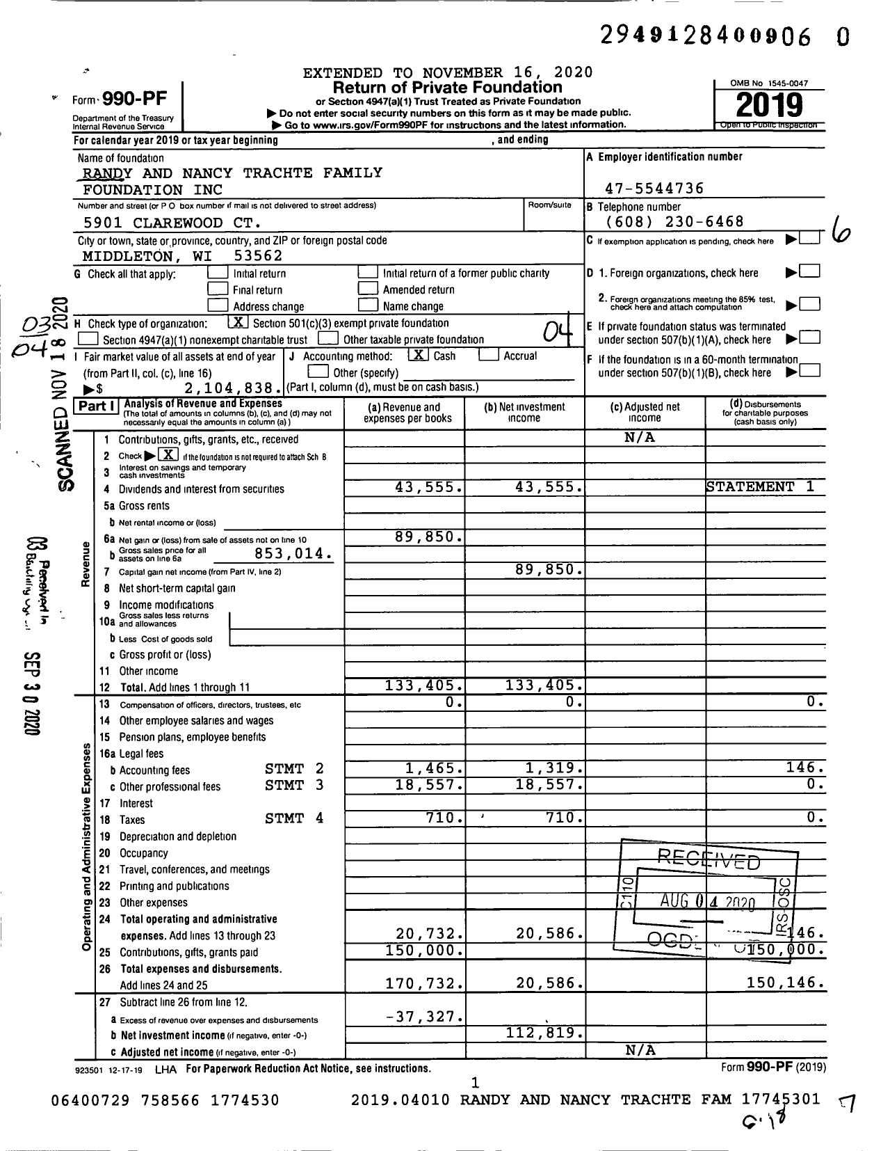 Image of first page of 2019 Form 990PF for Randy and Nancy Trachte Family Foundation