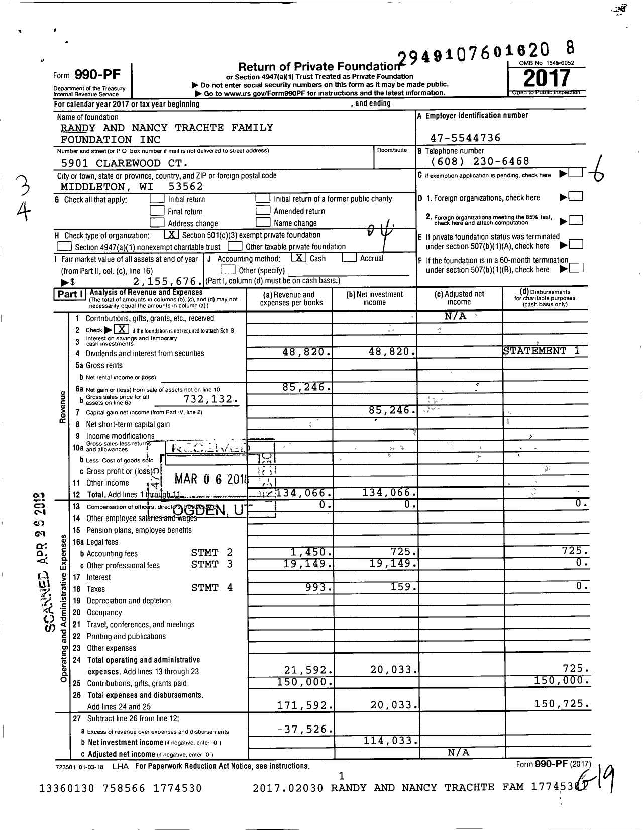 Image of first page of 2017 Form 990PF for Randy and Nancy Trachte Family Foundation