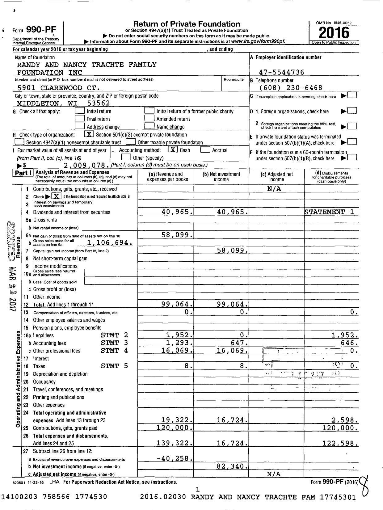 Image of first page of 2016 Form 990PF for Randy and Nancy Trachte Family Foundation