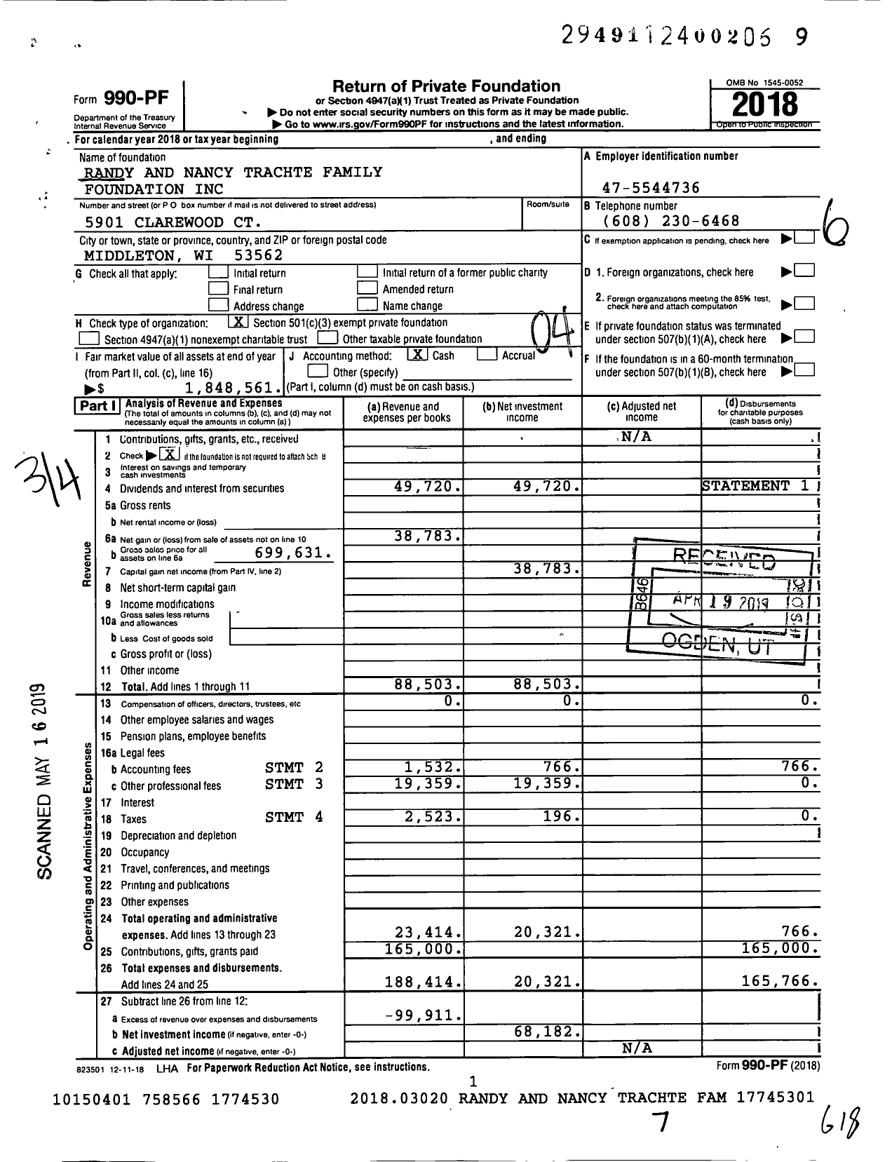 Image of first page of 2018 Form 990PF for Randy and Nancy Trachte Family Foundation