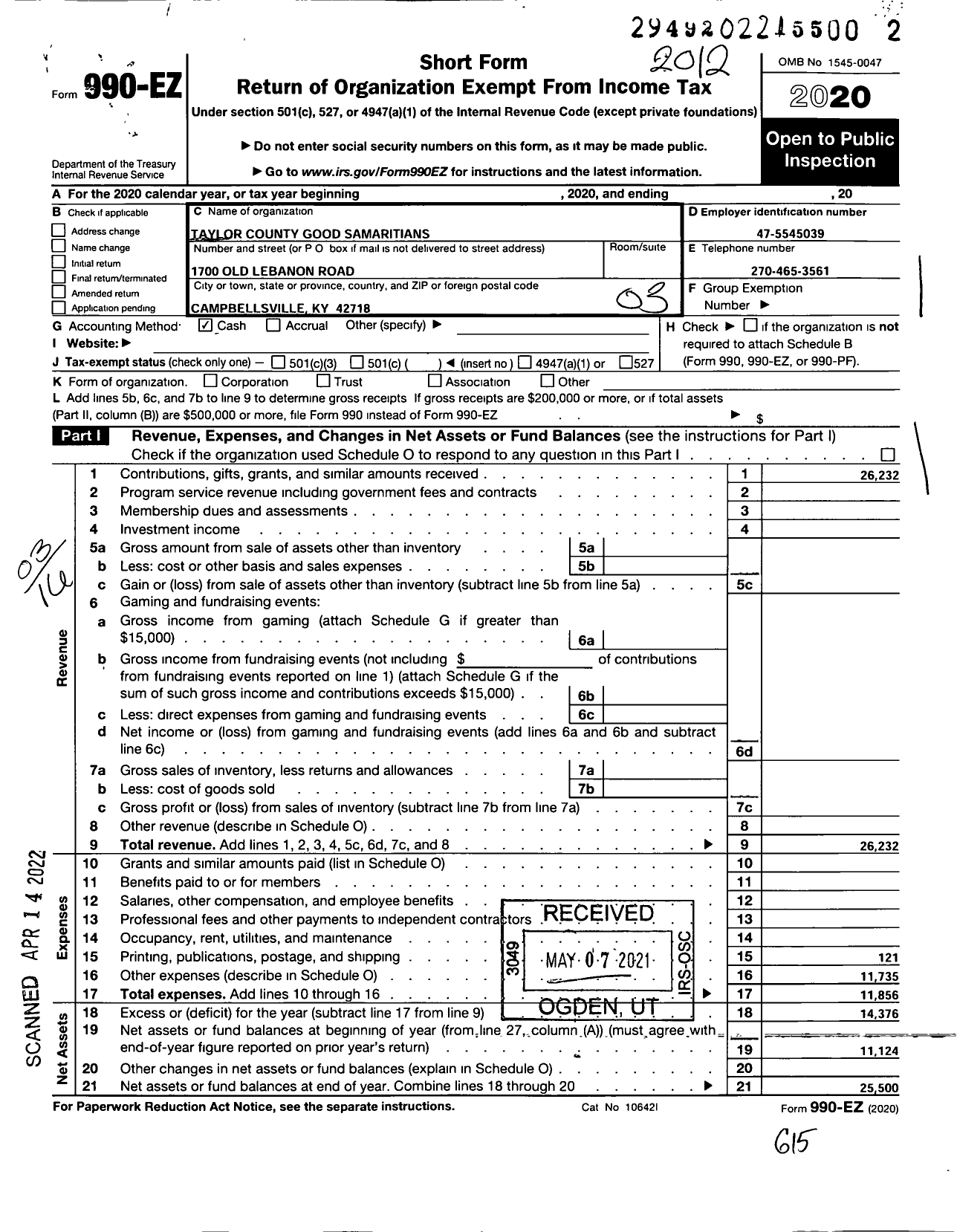 Image of first page of 2020 Form 990EZ for Taylor County Good Samaritans Foundation