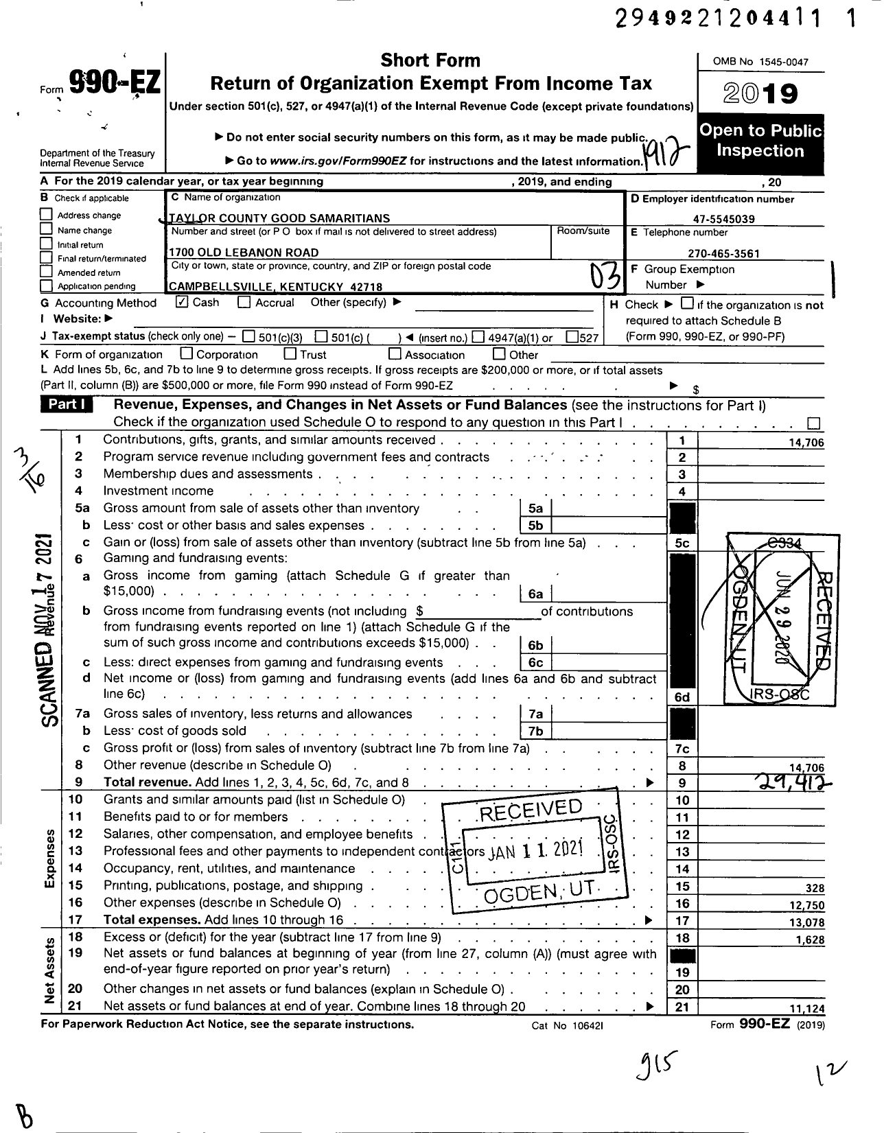 Image of first page of 2019 Form 990EZ for Taylor County Good Samaritans Foundation