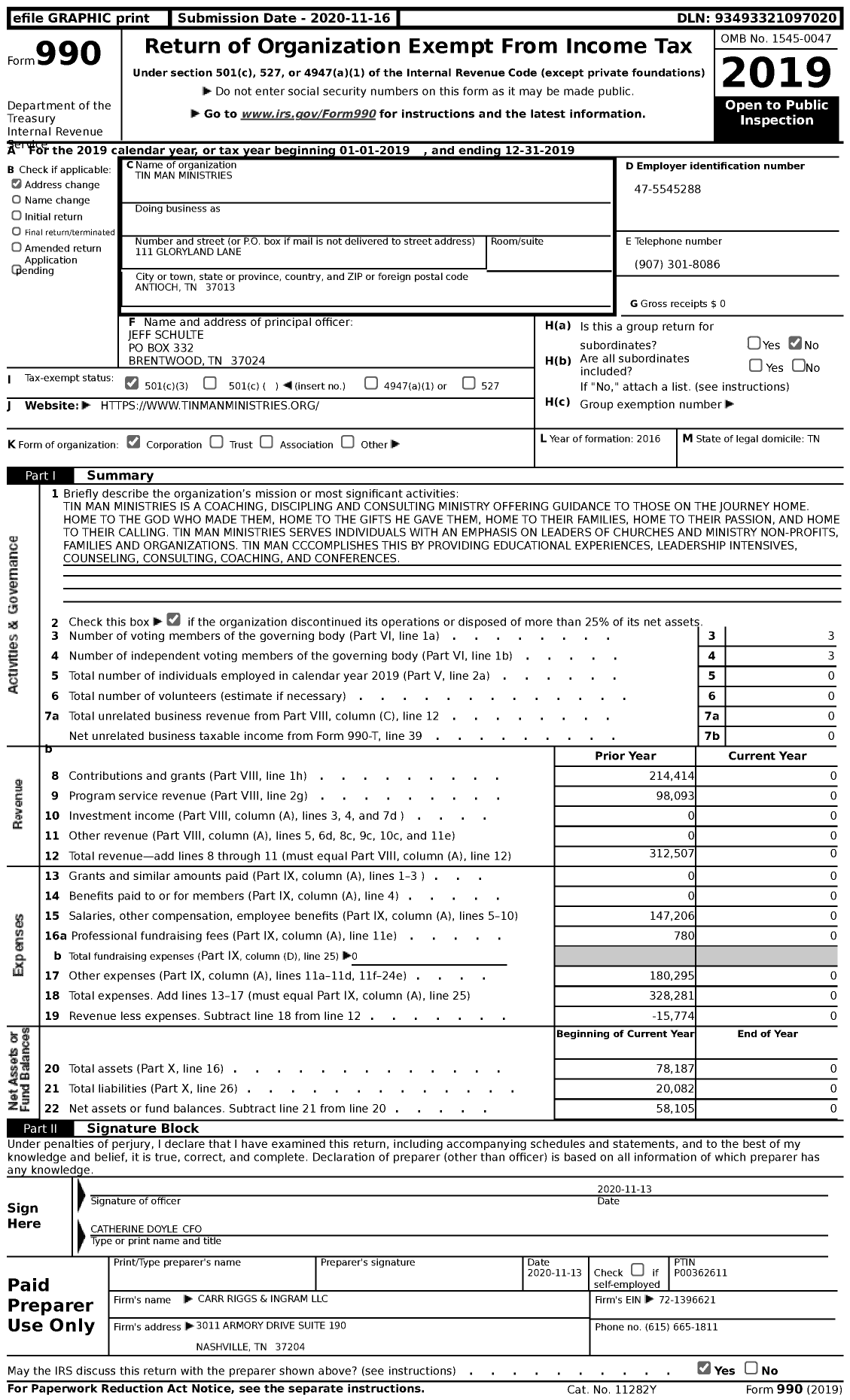 Image of first page of 2019 Form 990 for Tin Man Ministries