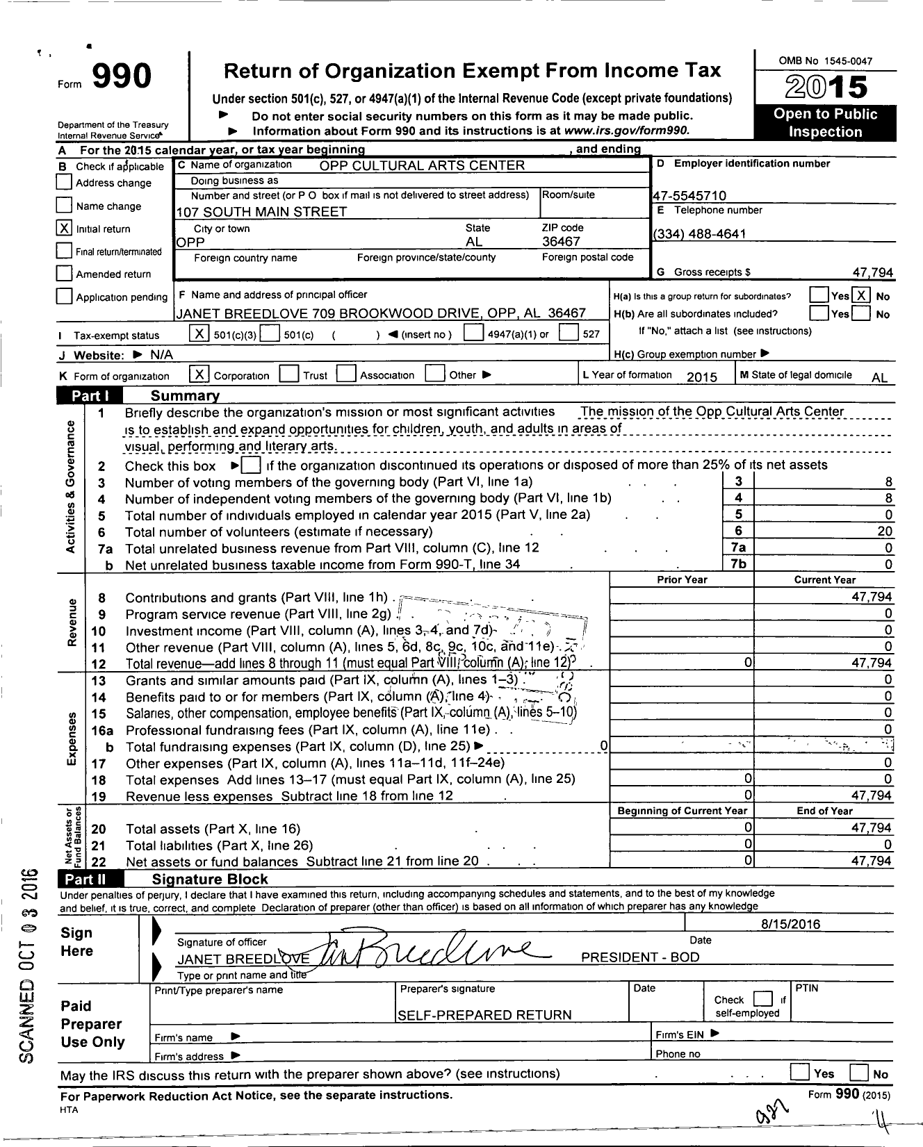 Image of first page of 2015 Form 990 for Opp Cultural Arts Center