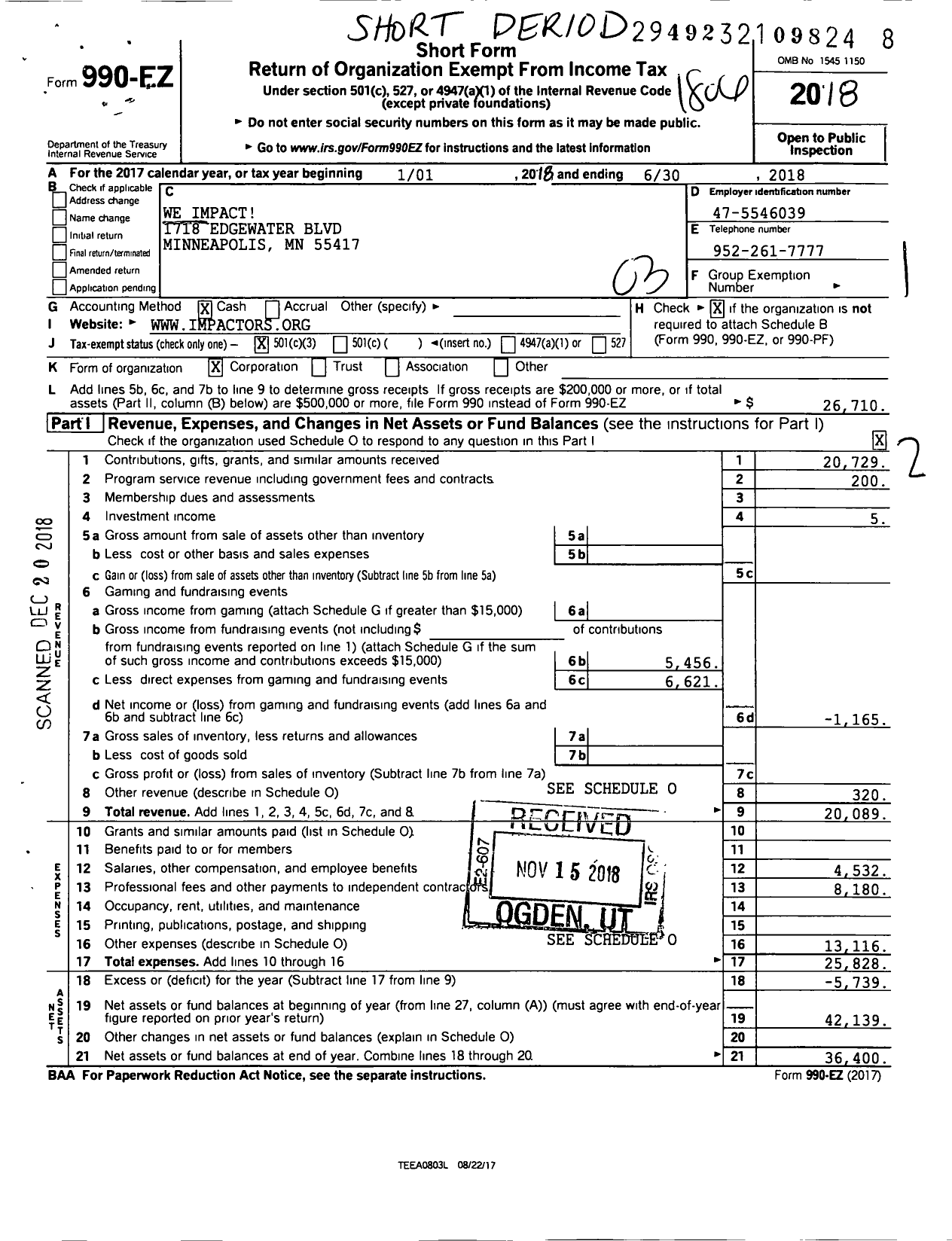 Image of first page of 2017 Form 990EZ for We Impacti