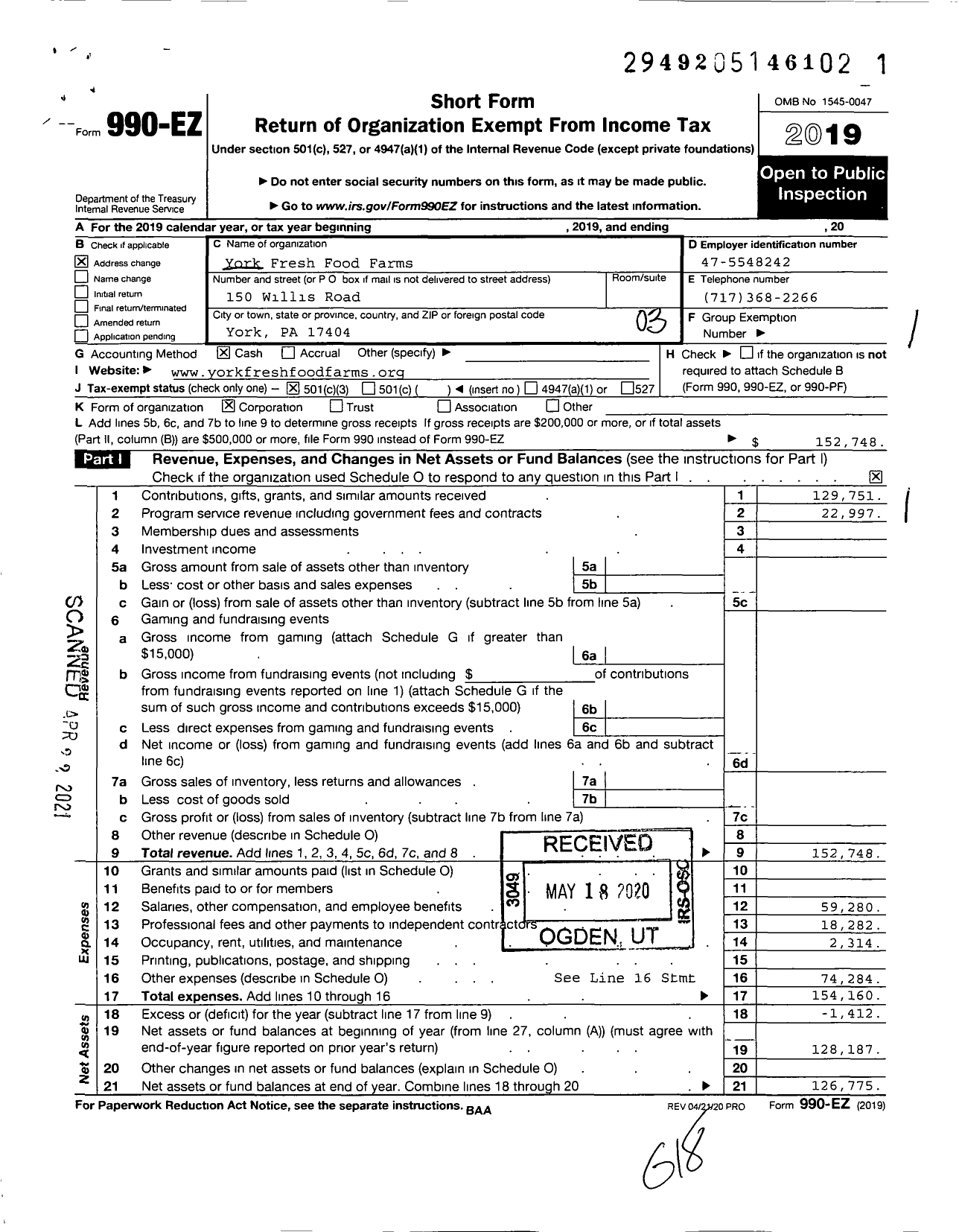 Image of first page of 2019 Form 990EZ for York Fresh Food Farms