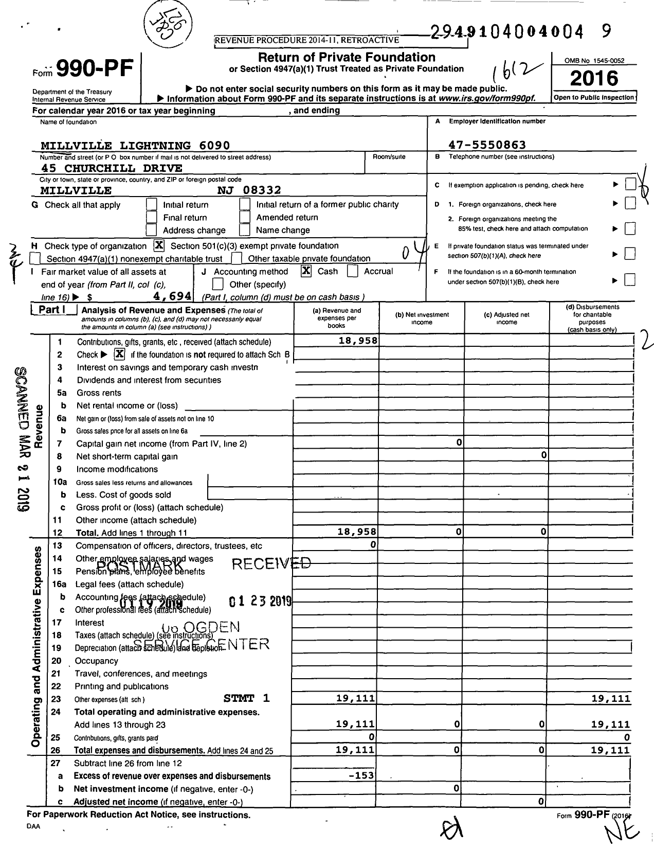 Image of first page of 2016 Form 990PF for Millville Lightning 6090