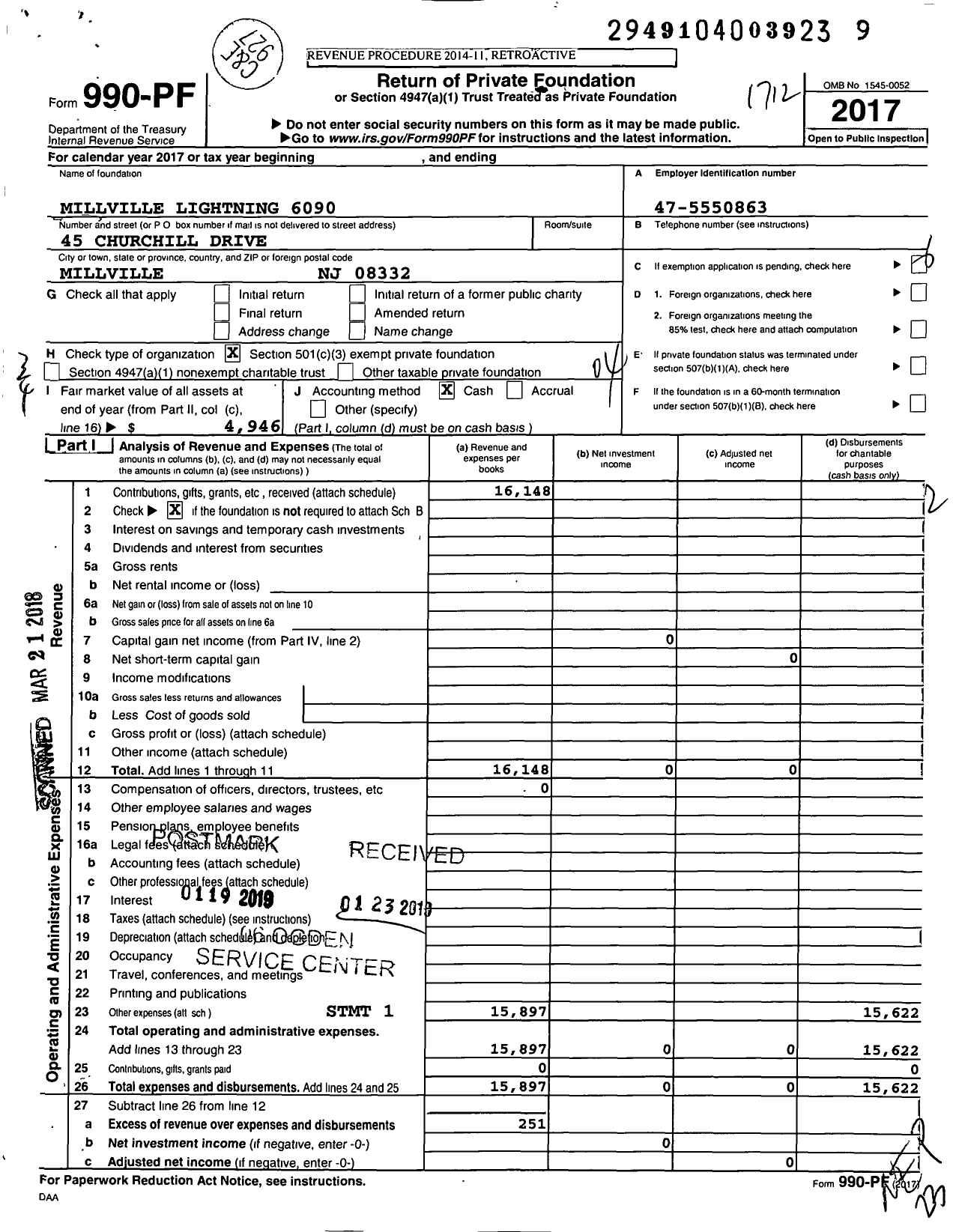 Image of first page of 2017 Form 990PF for Millville Lightning 6090