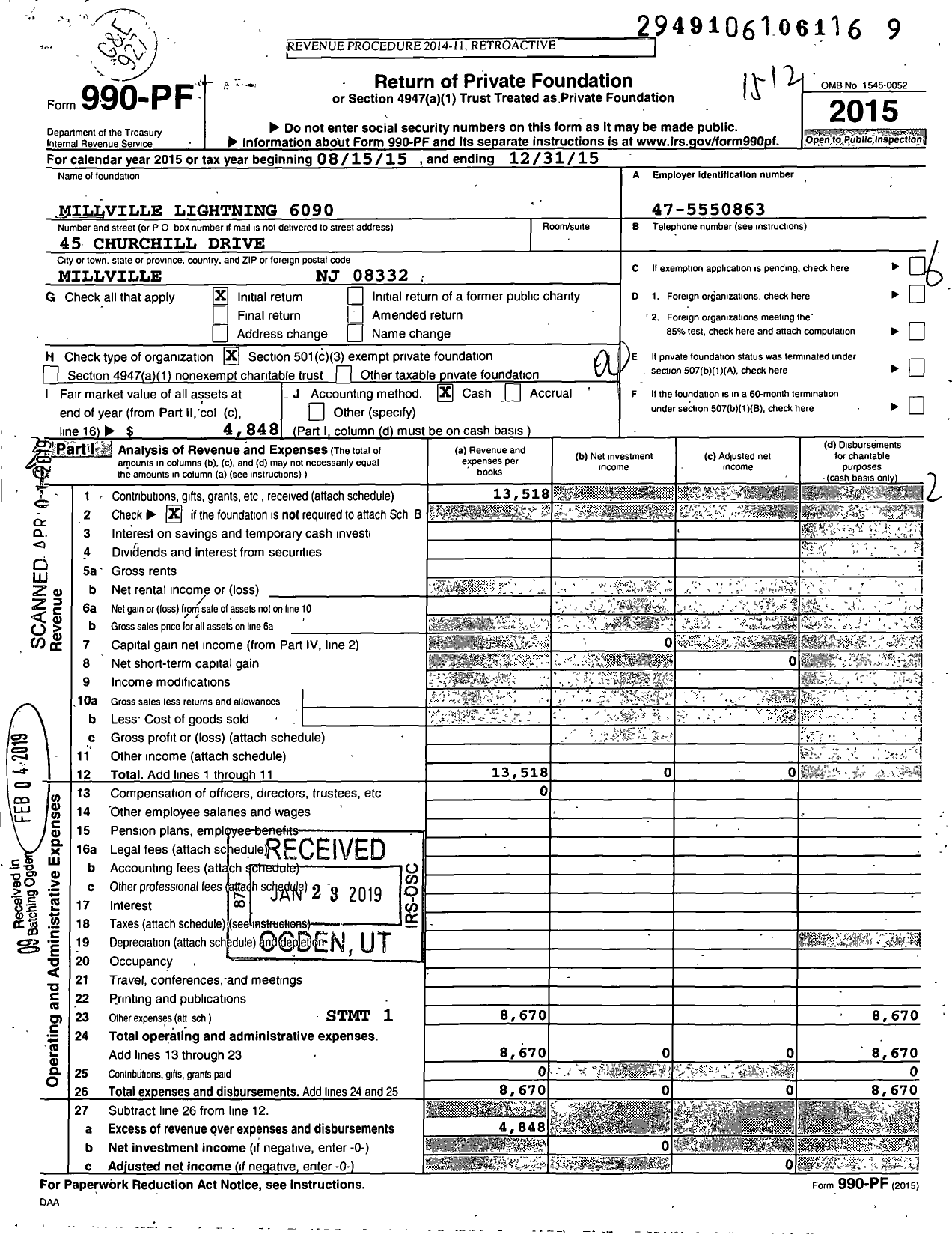 Image of first page of 2015 Form 990PF for Millville Lightning 6090